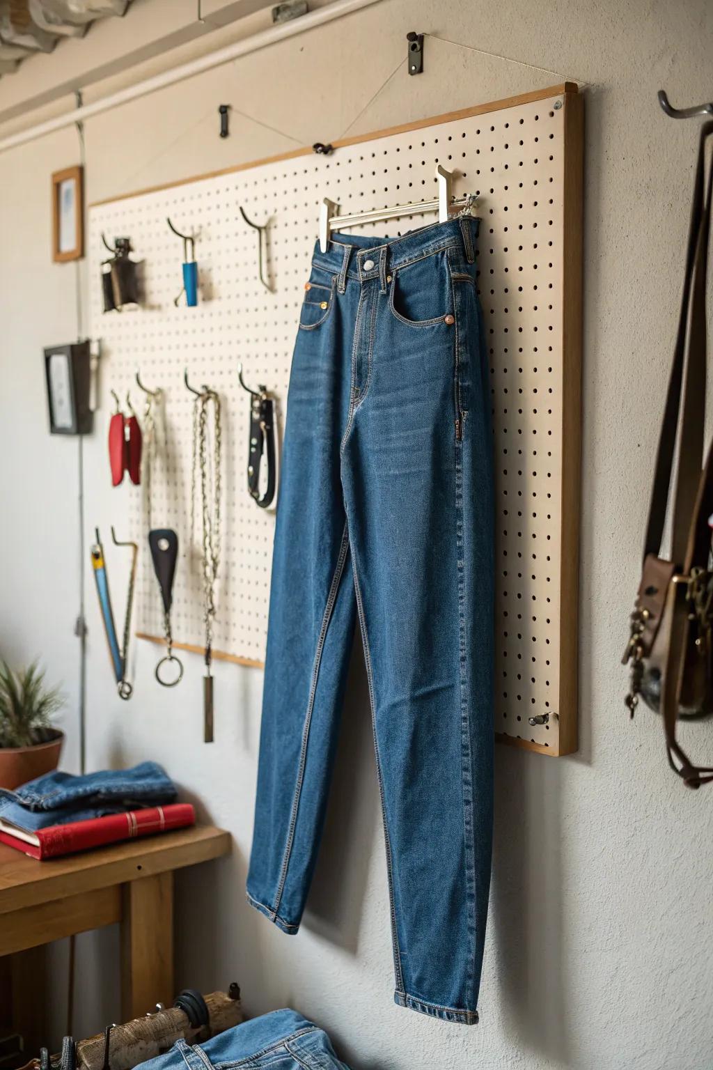 A perforated panel delivers a versatile and imaginative jeans storage option.