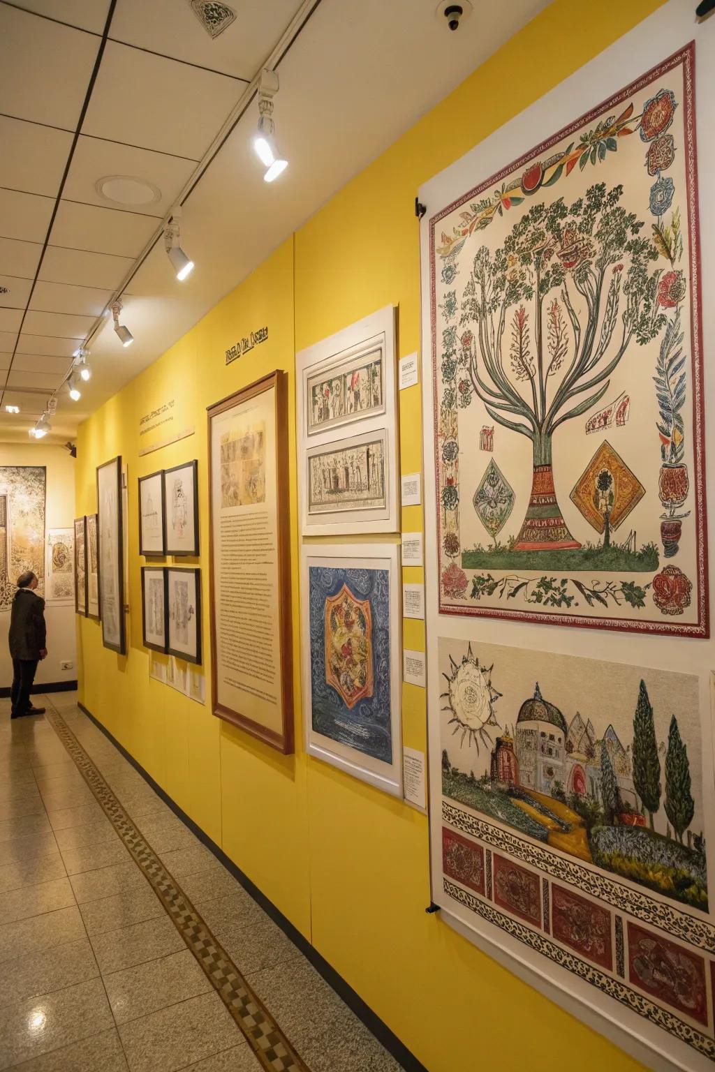 Jewish art reproductions transforming a gallery wall into a cultural display.