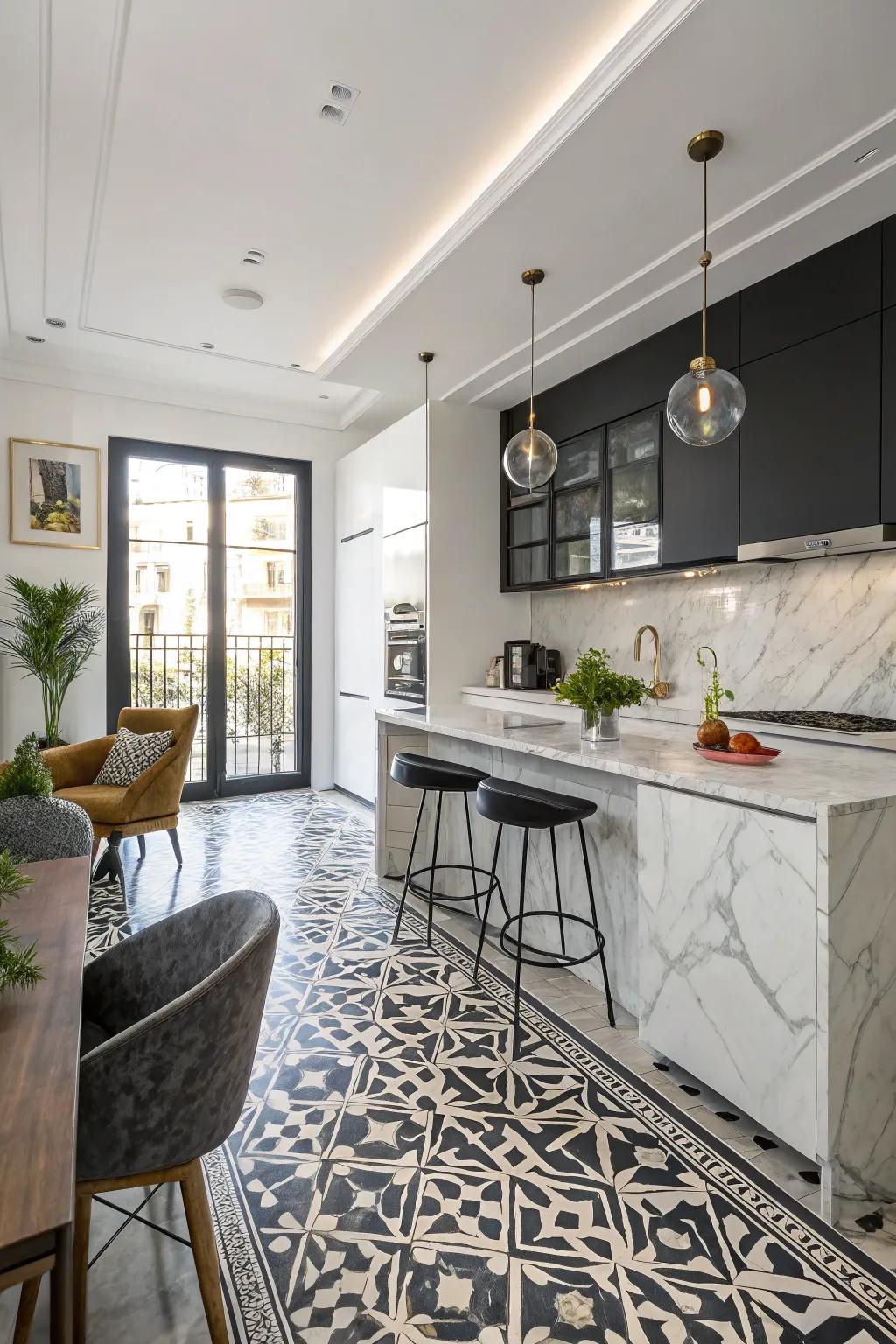 Bold patterns bring drama to your kitchen floor.