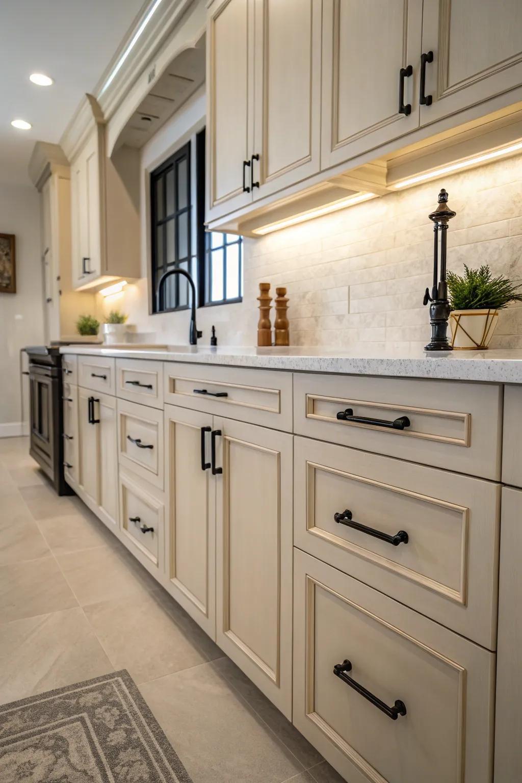 A striking use of juxtaposition with deep-toned hardware against pale cabinetry.