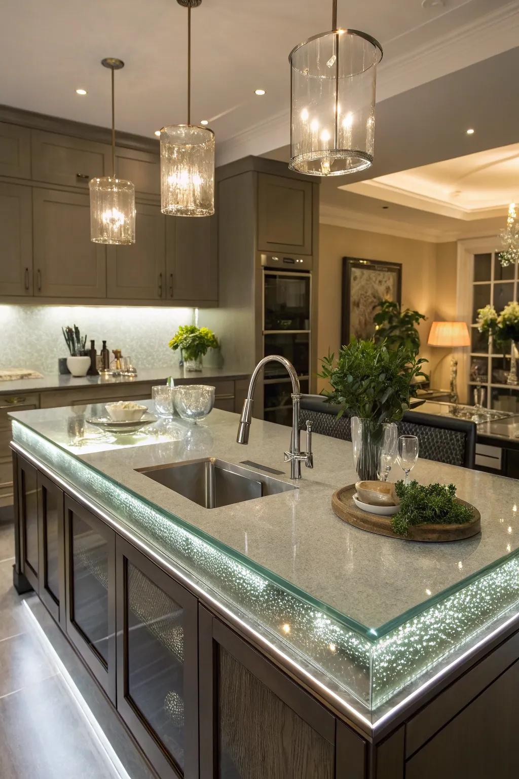 A chic kitchen island combining glass and reflective elements for a sleek effect.