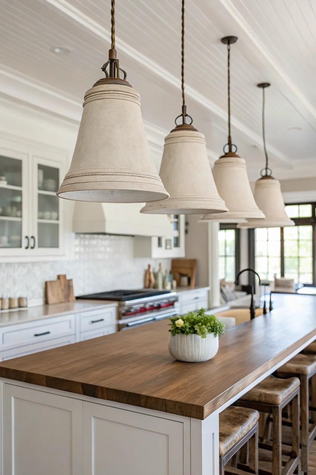 Minimalist bell pendants provide clean lines and subtle elegance in this kitchen.