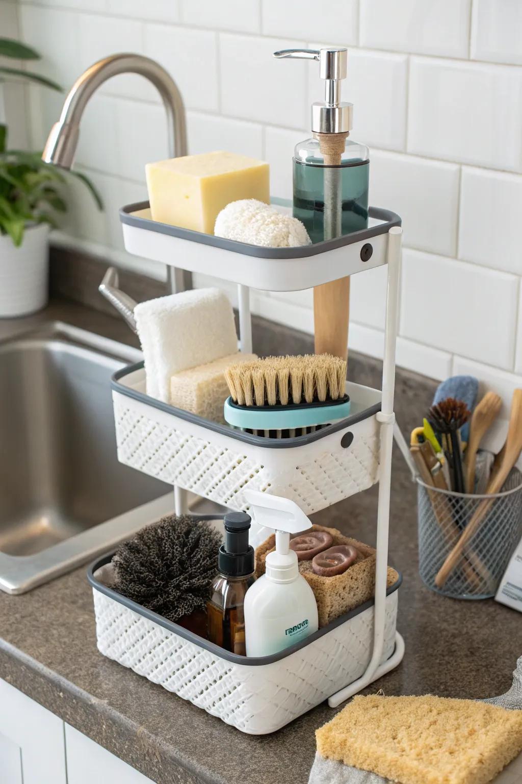 Tiered caddies provide ample storage in limited space.