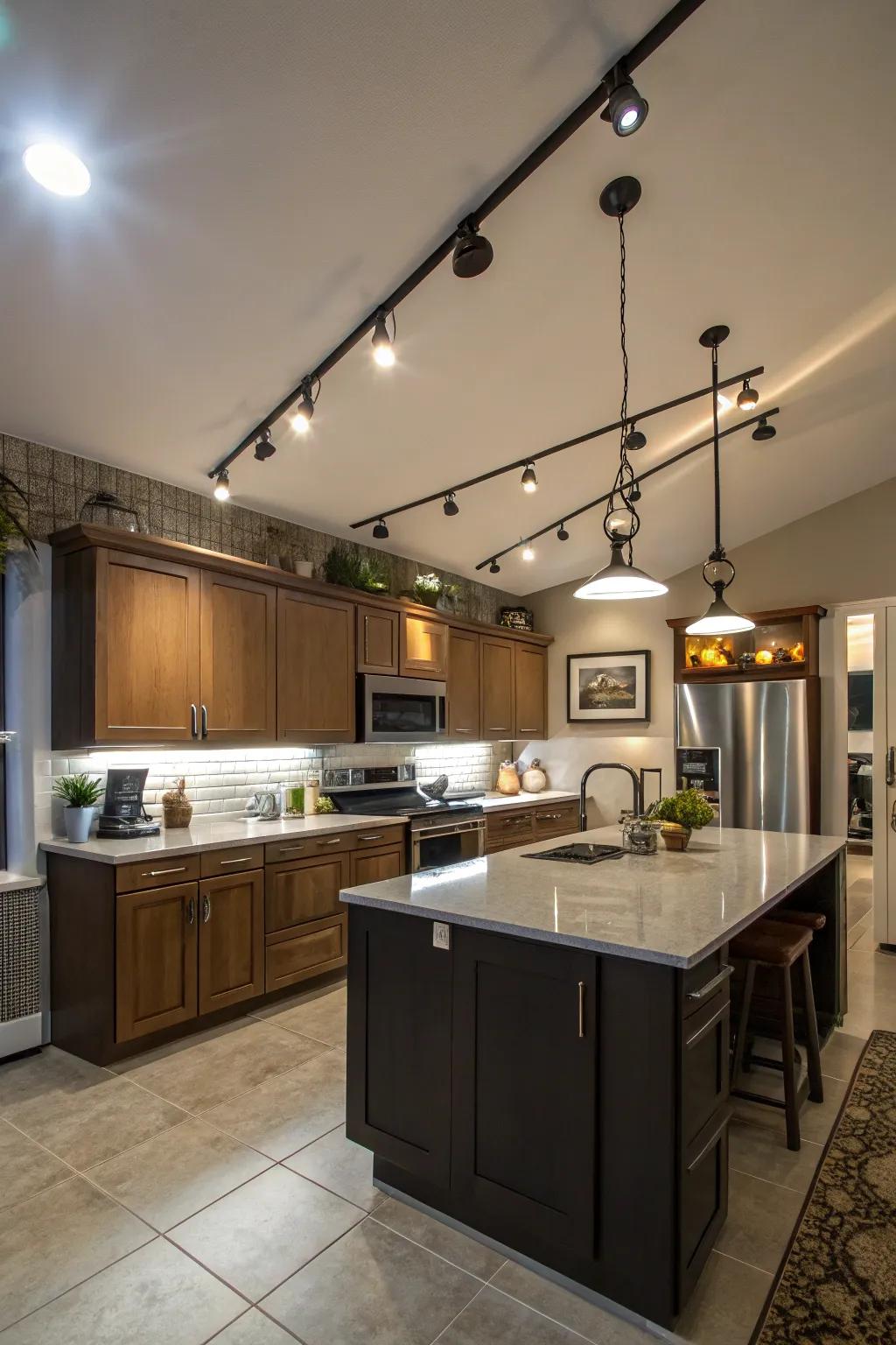 Transform your kitchen with creatively angled track lighting.
