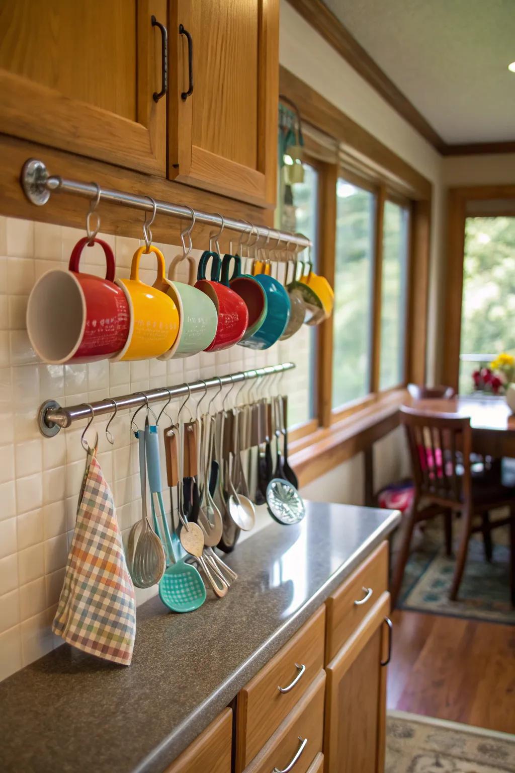 A kitchen area showcasing a peg arrangement for practical storage.