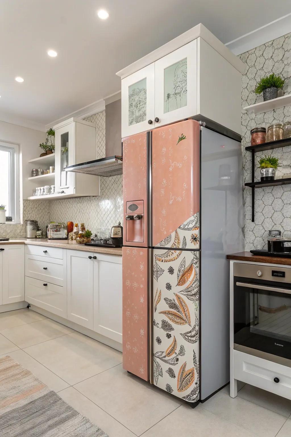 A prominent refrigerator exhibiting a remarkable finish, functioning as a stylish focal magnet in the kitchen.