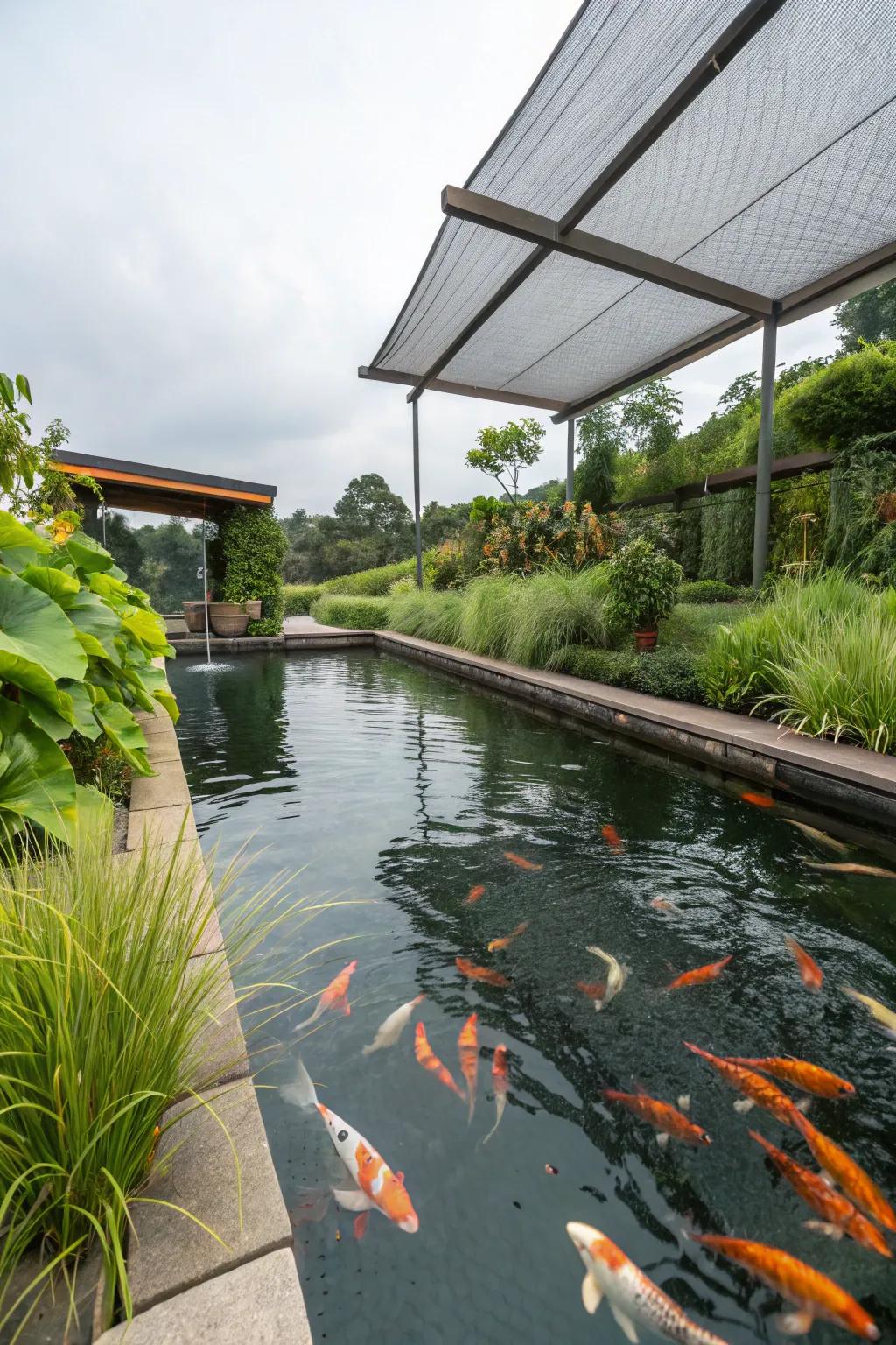 A koi pond gaining from flora filters delivering both shade and clean waters.