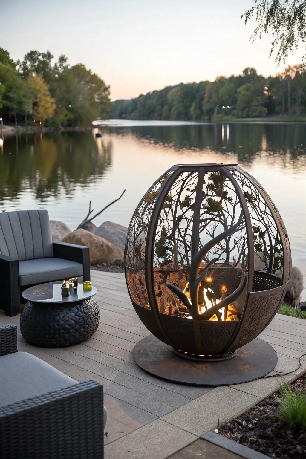 A fire pit art adds a creative and eye-catching piece to your lakeside getaway.