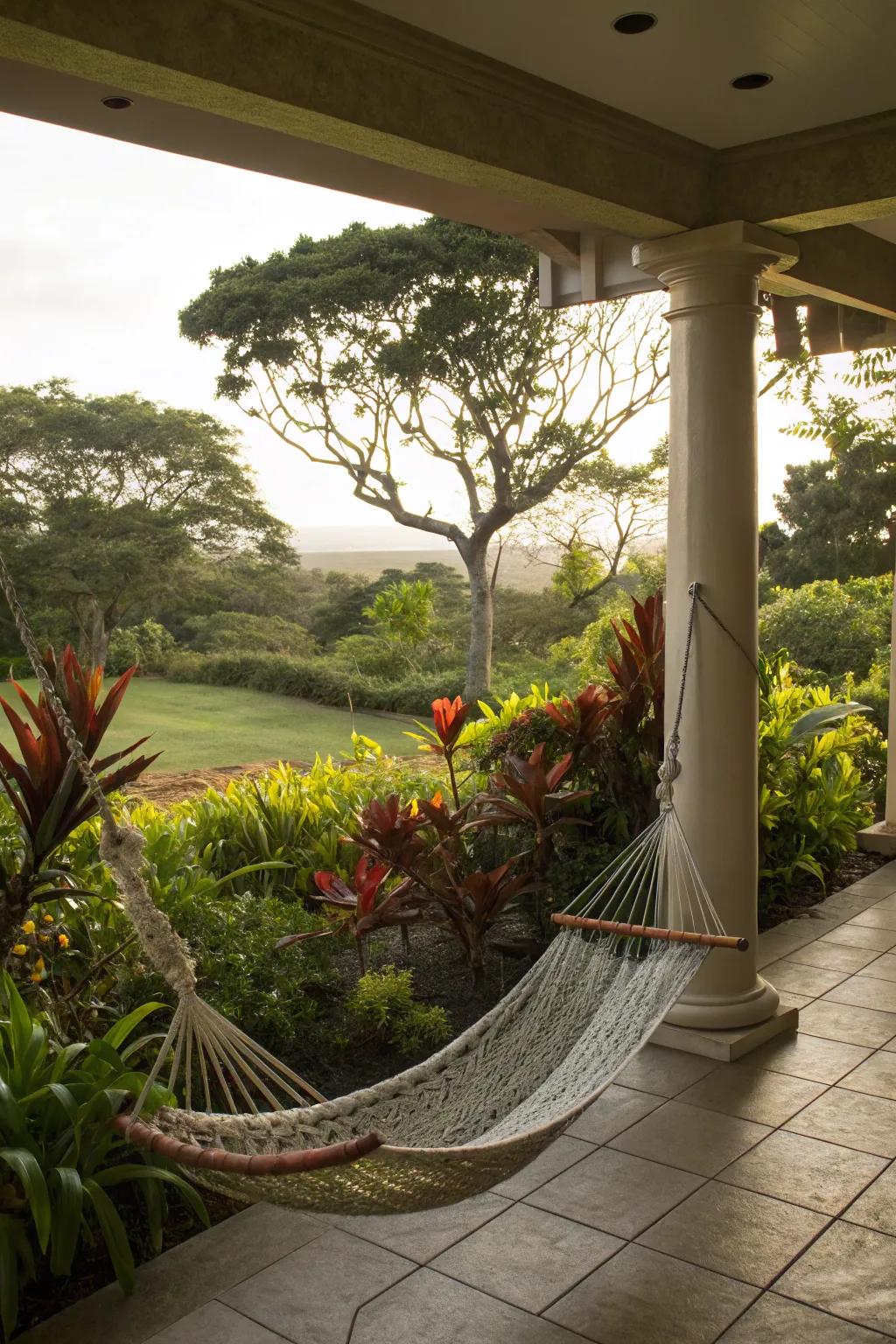 A hammock on the lanai offers a relaxing escape.