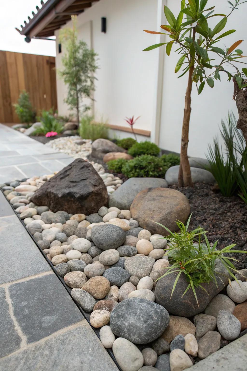 A zen oasis with rocks and pebbles offers calm and meditation.