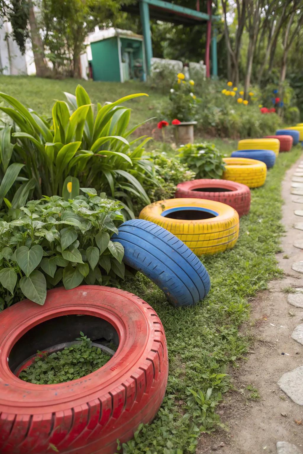 Reprocessed tire edging adds a lively, eco-friendly touch to yards.