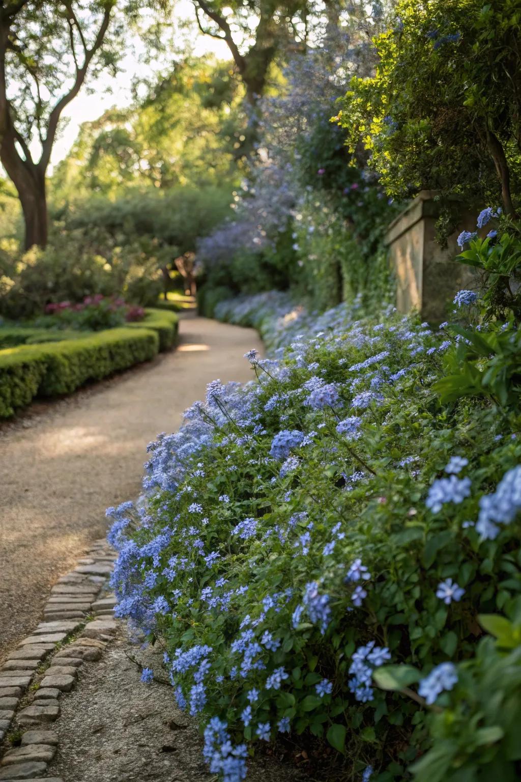 A secluded garden corner featuring azure Skyflower blossoms, conjuring a secret garden atmosphere.