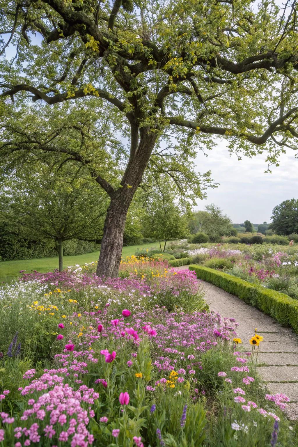 A tree with a colorful grassland of wild blossoms, enhancing the garden's natural beauty.