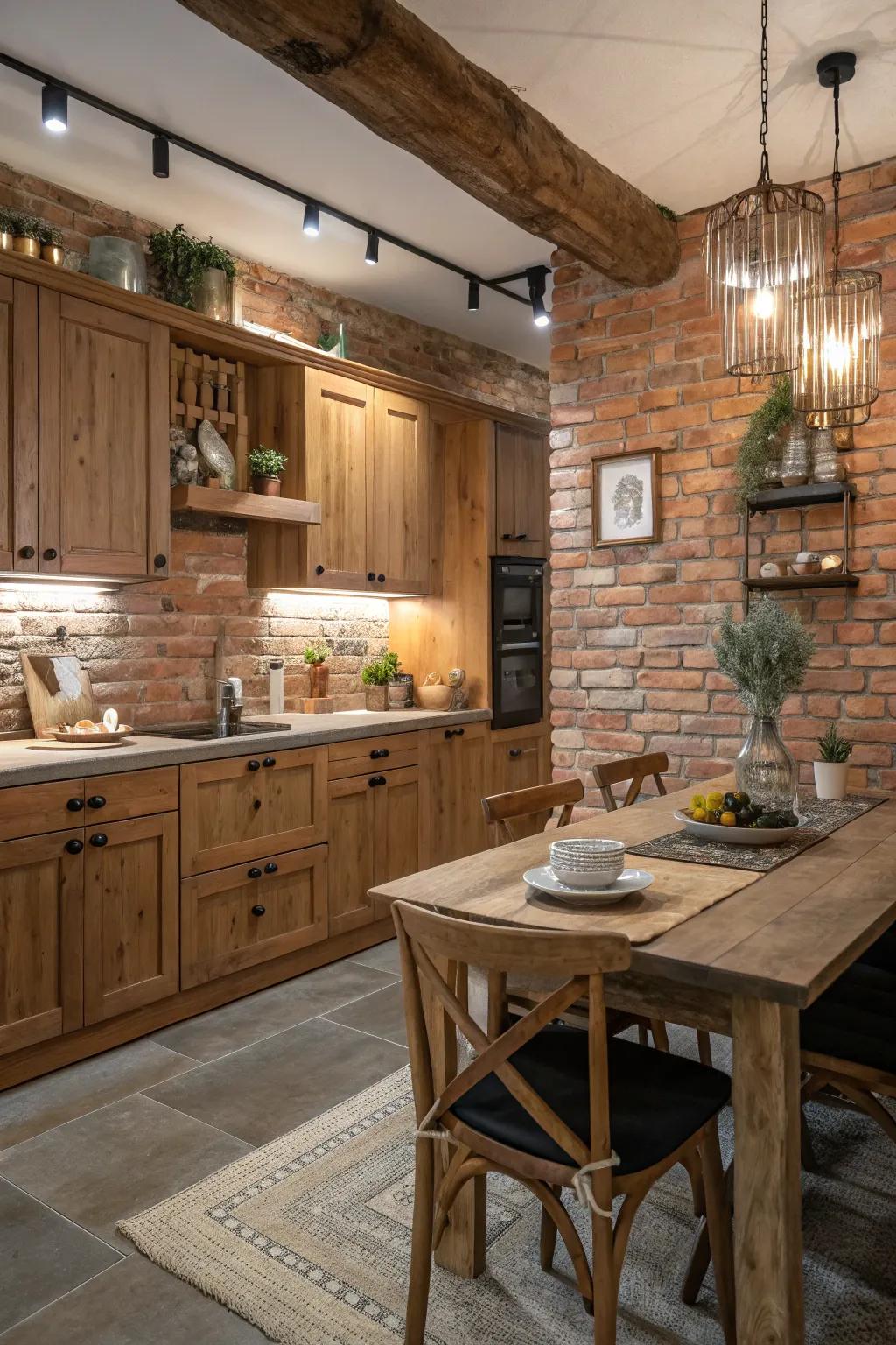 A kitchen showcasing brick walls for added character.