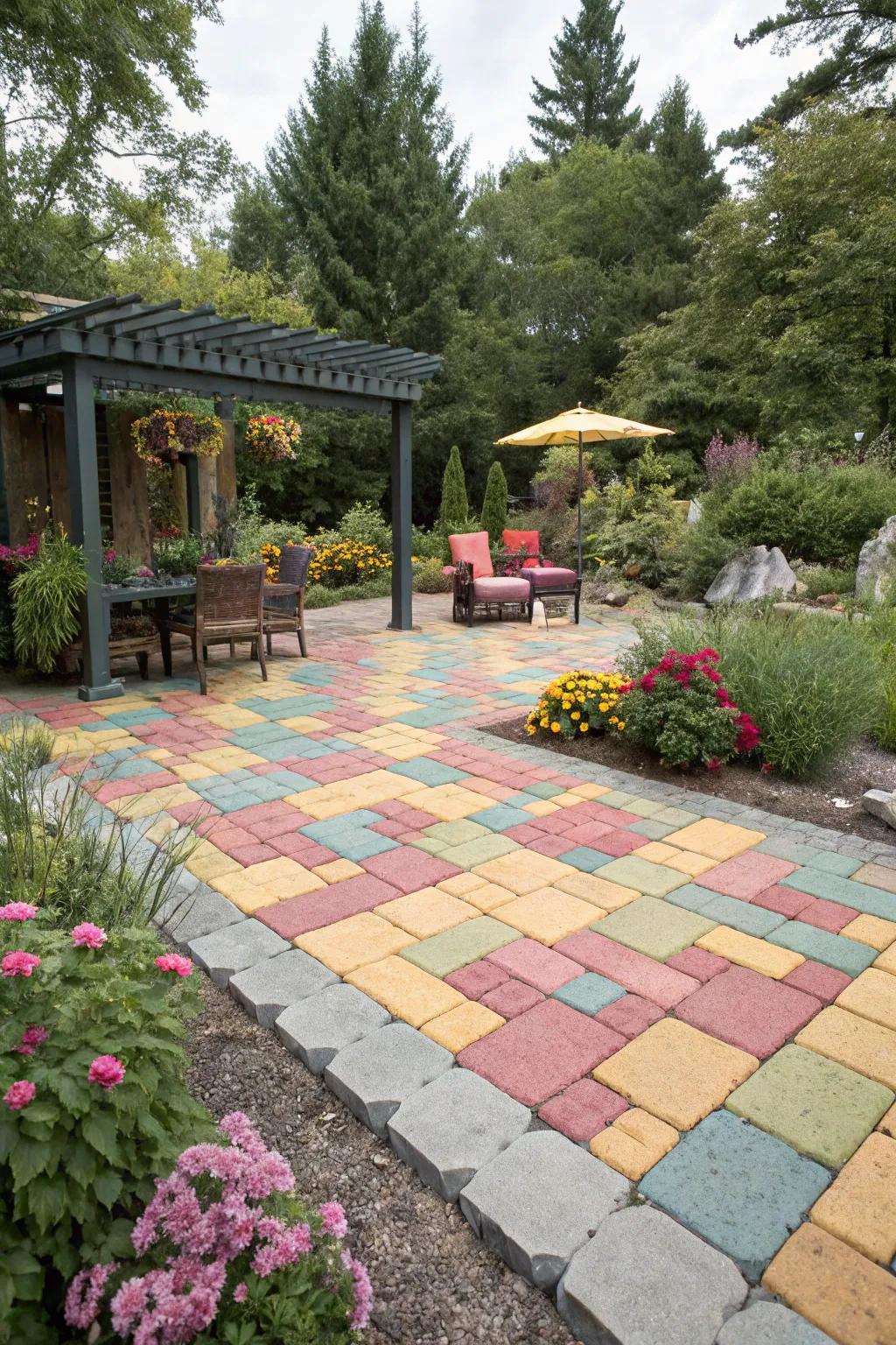 Vibrant pavers add personality and energy to this patio.