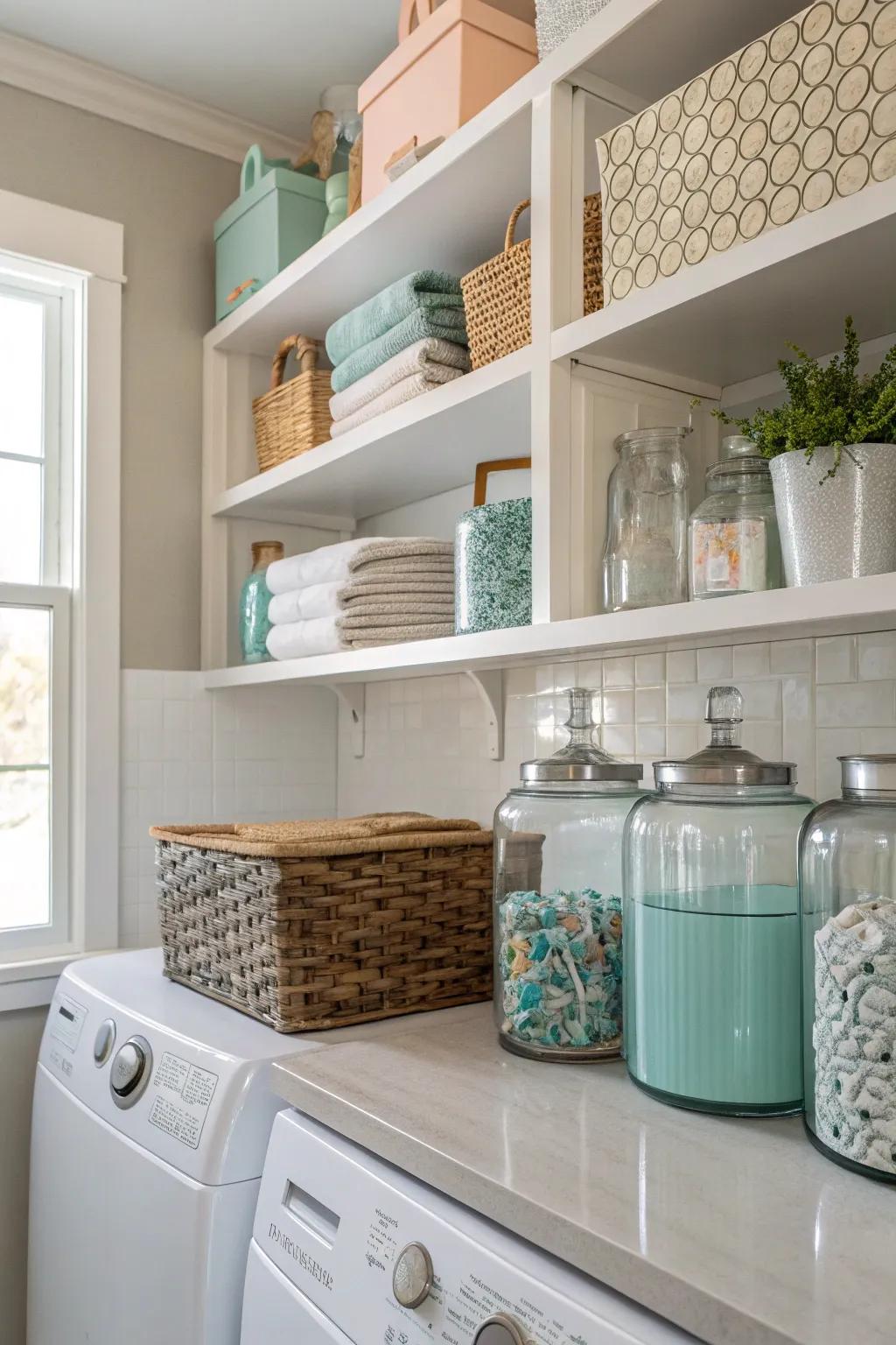 Stylish containers give the laundry room a more sophisticated and tidy appearance.