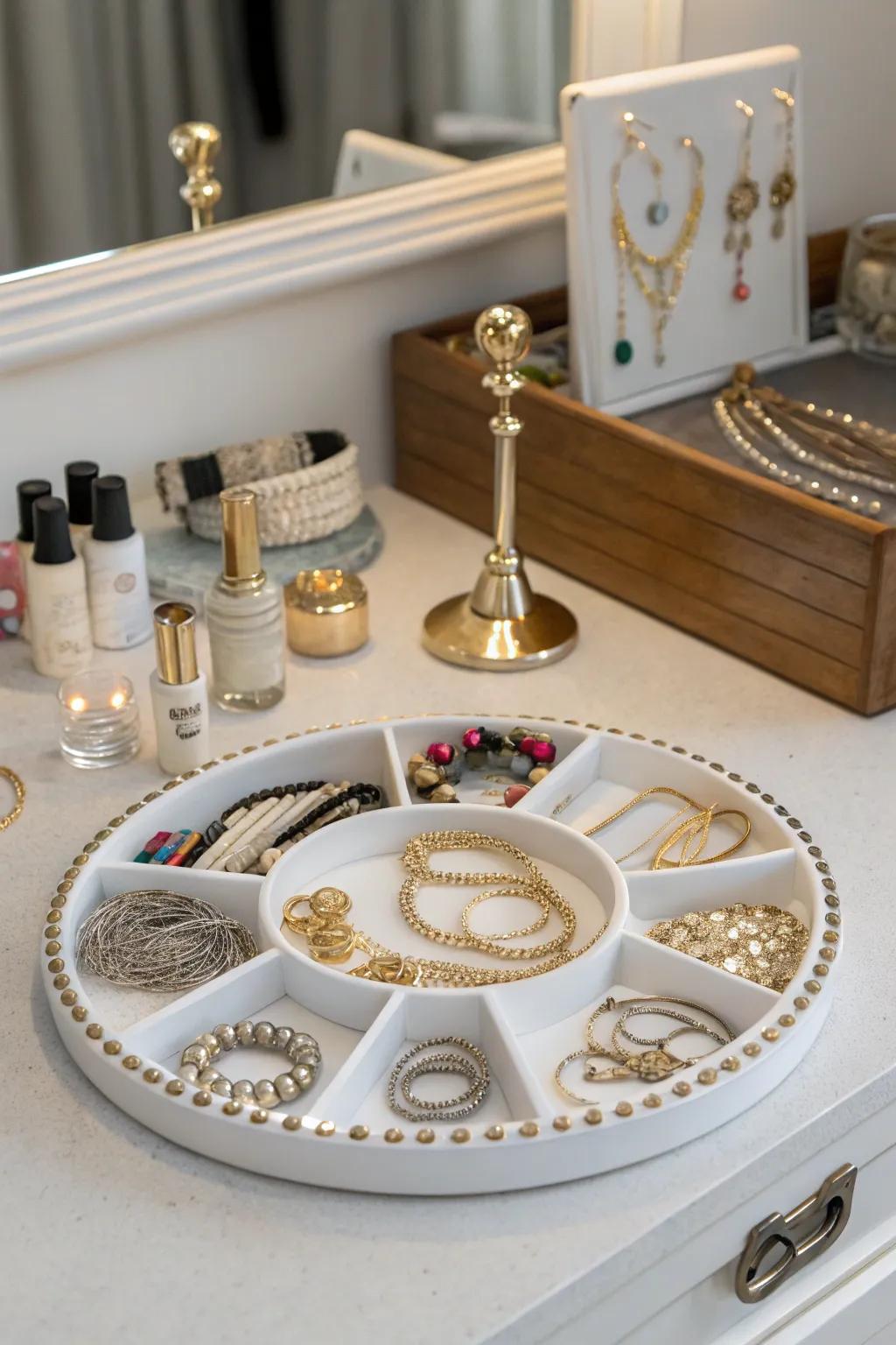 An elegant jewelry storage solution that utilizes a spinning organizer.