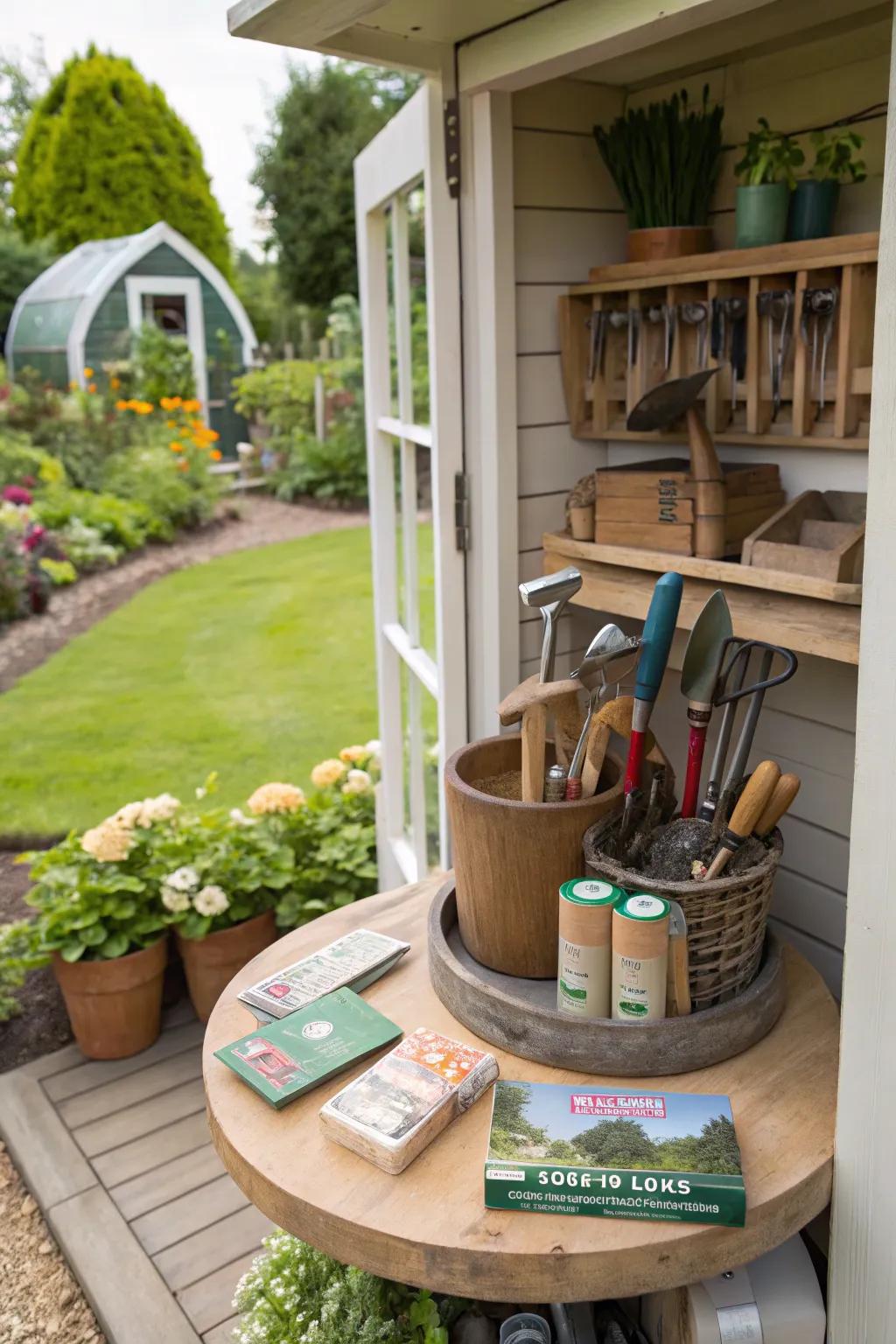 A Lazy Susan is a great way to arrange gardening supplies in an efficient manner.