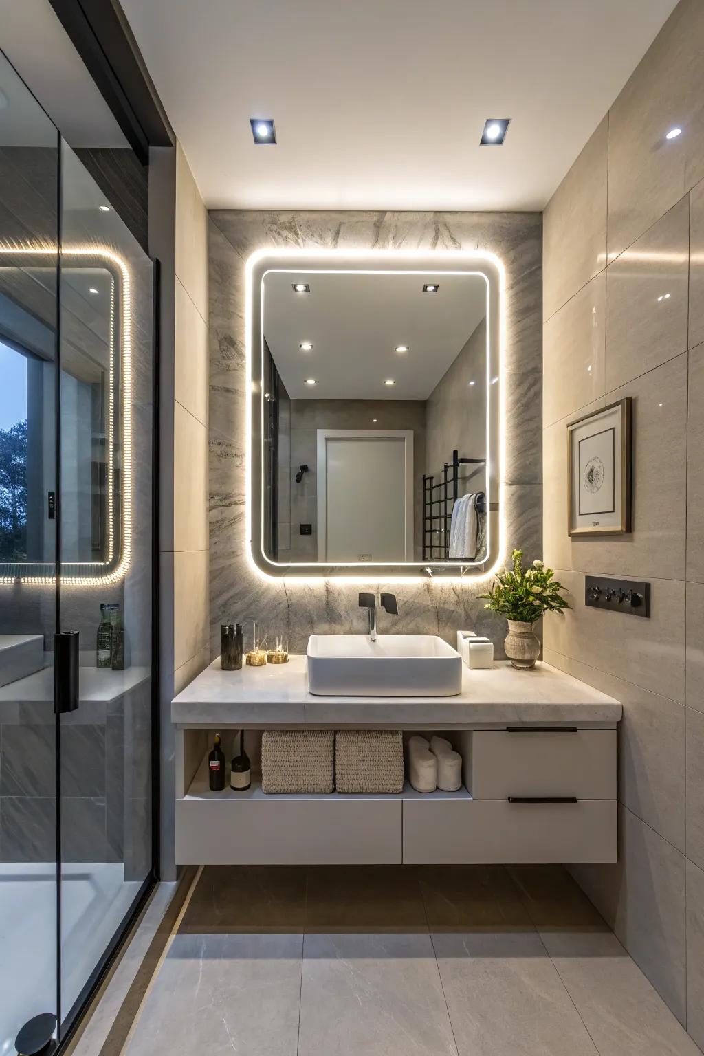 A futuristic bathroom design featuring a smart illuminated mirror with advanced features.