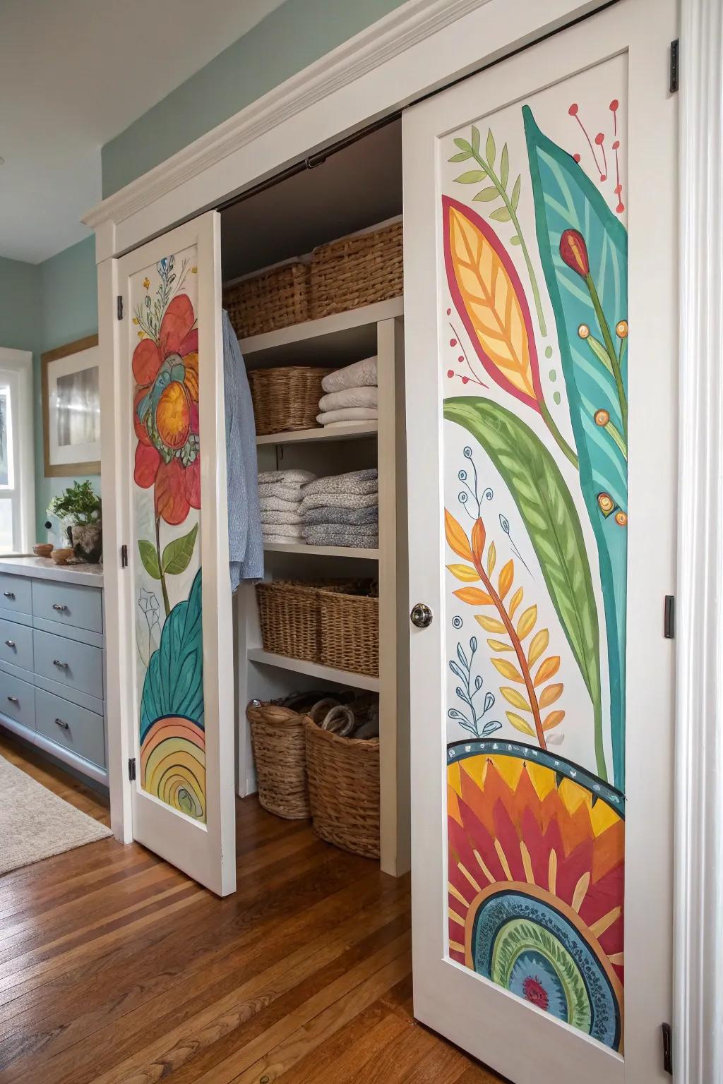 Artistic tableaus transform linen closet entrances into captivating art pieces.