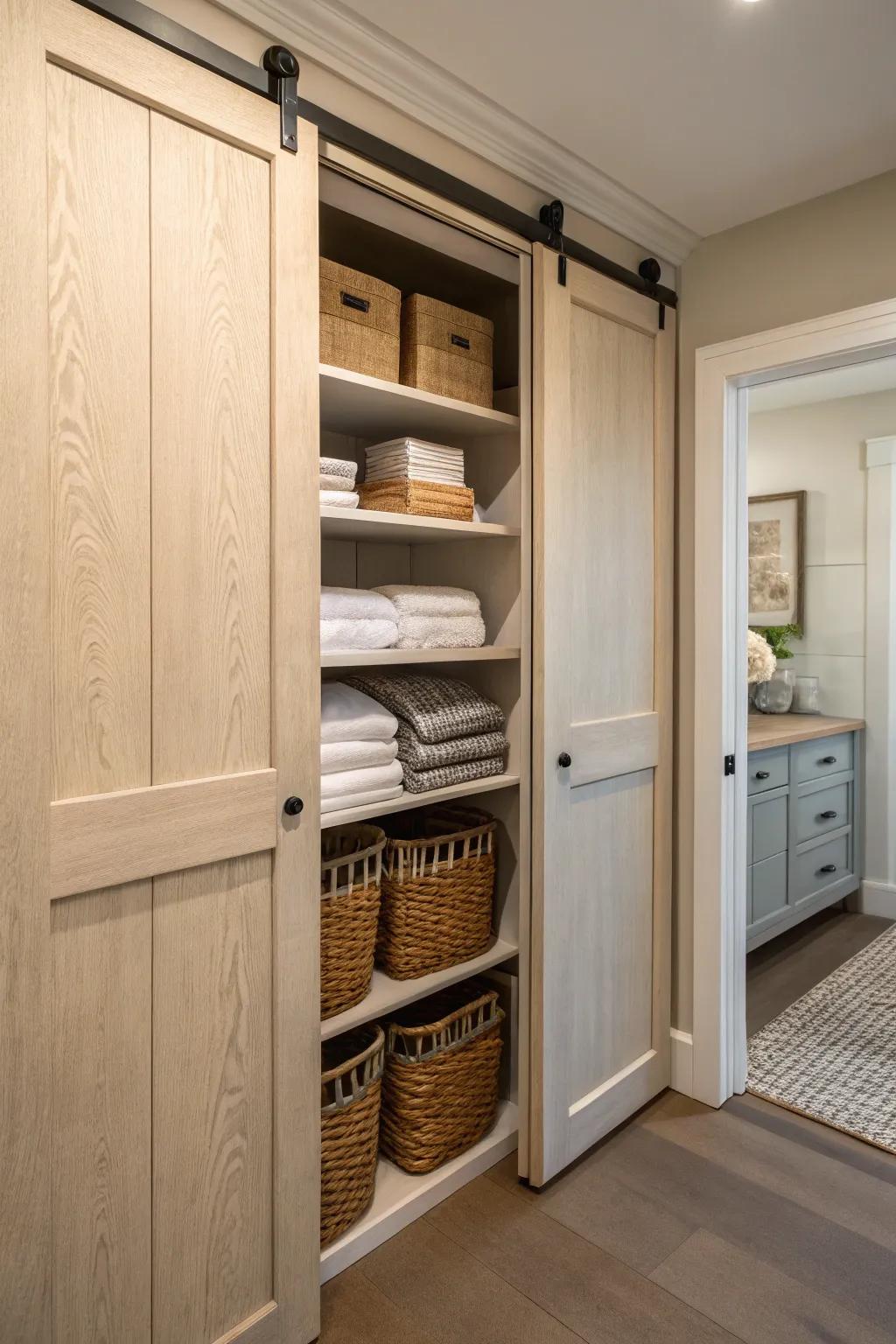 A sliding door conceals and saves space in a linen closet.