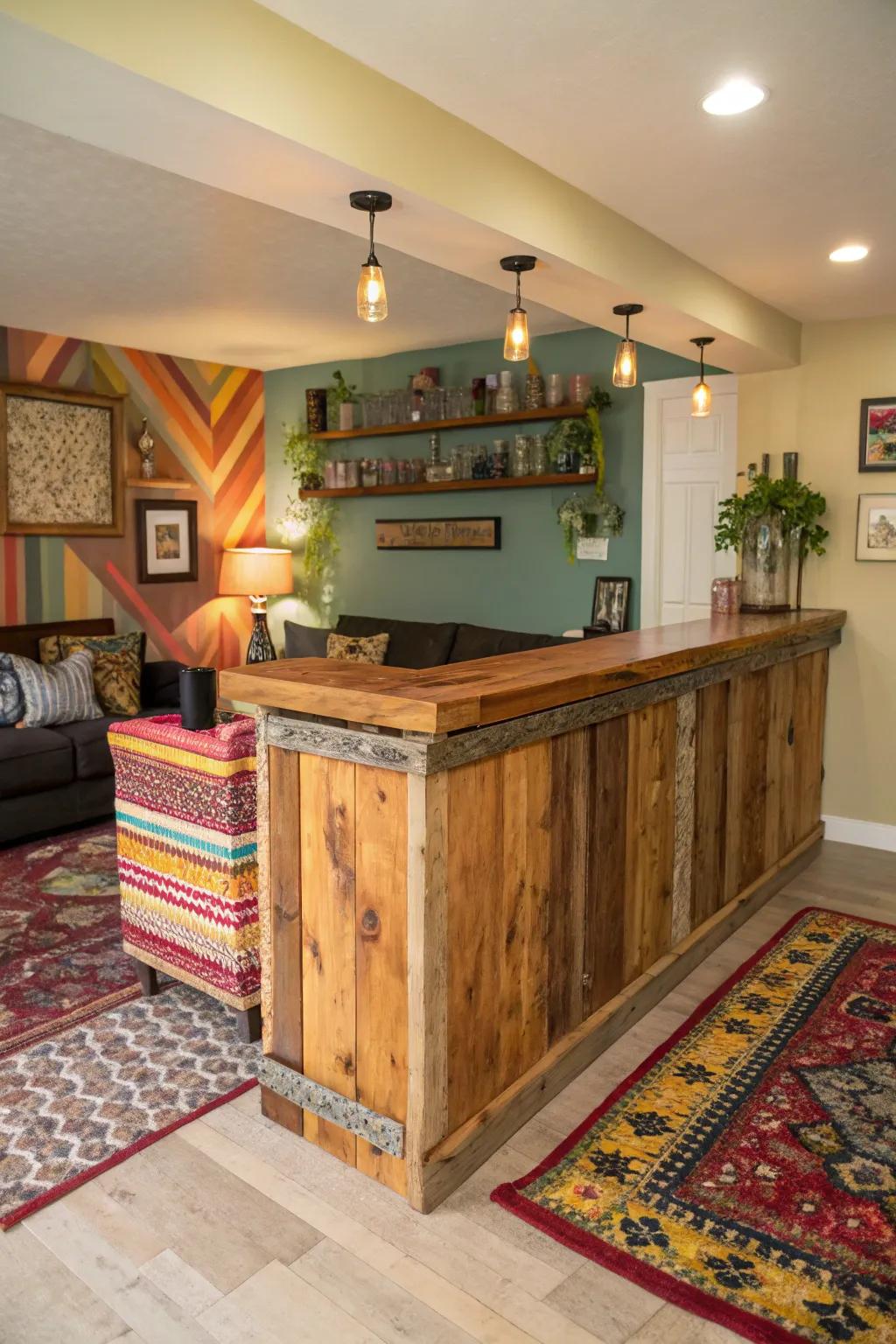 A natural-edge bar with vibrant hues that brings a splash of color to the home.
