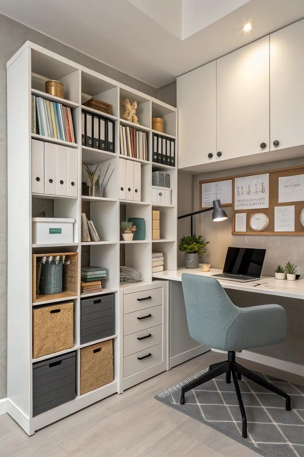An office central hub utilizing cube storage to cultivate a productive workspace.