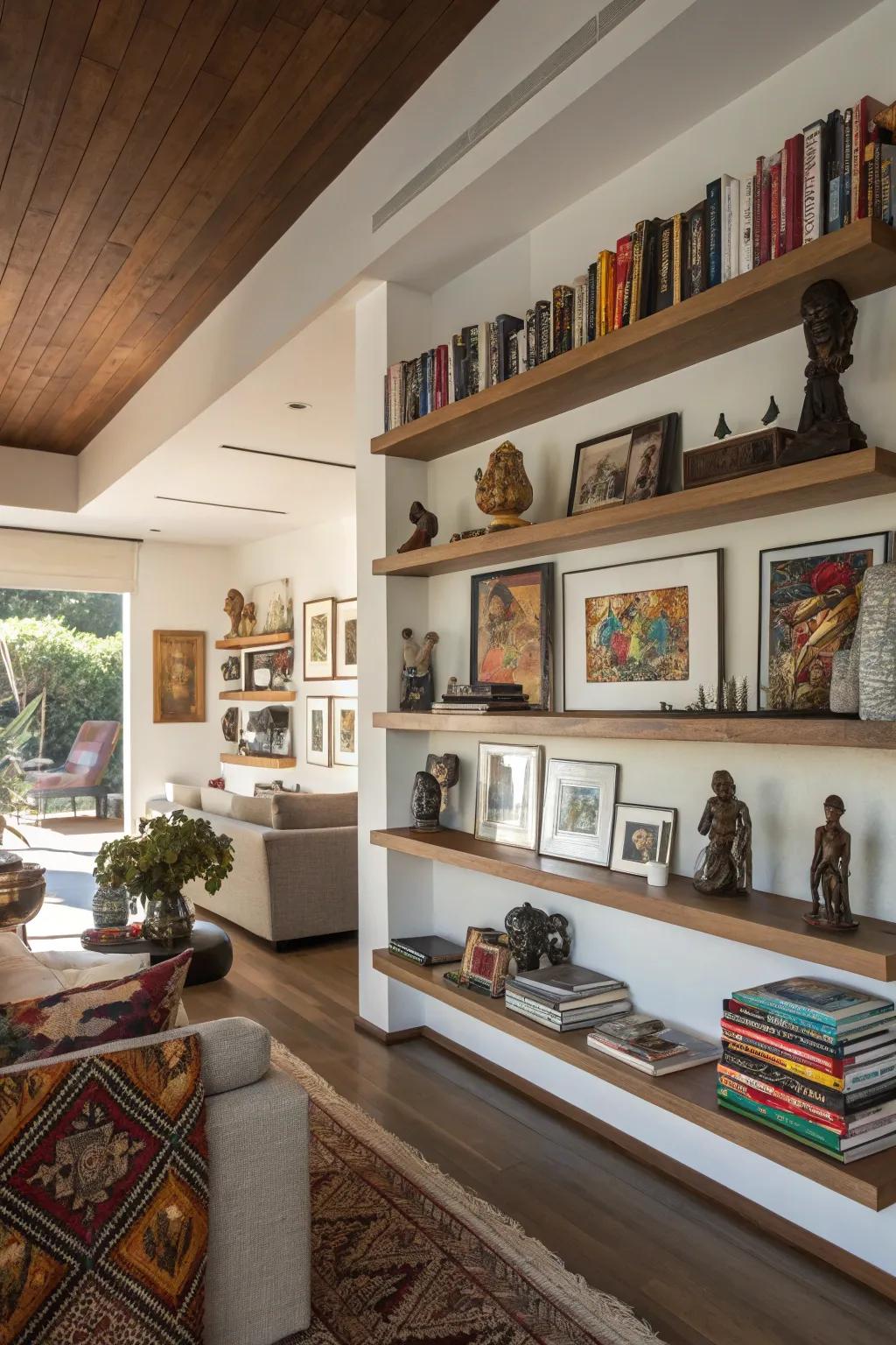 Conceive a hanging display through artwork coupled with embellishment over shelves.