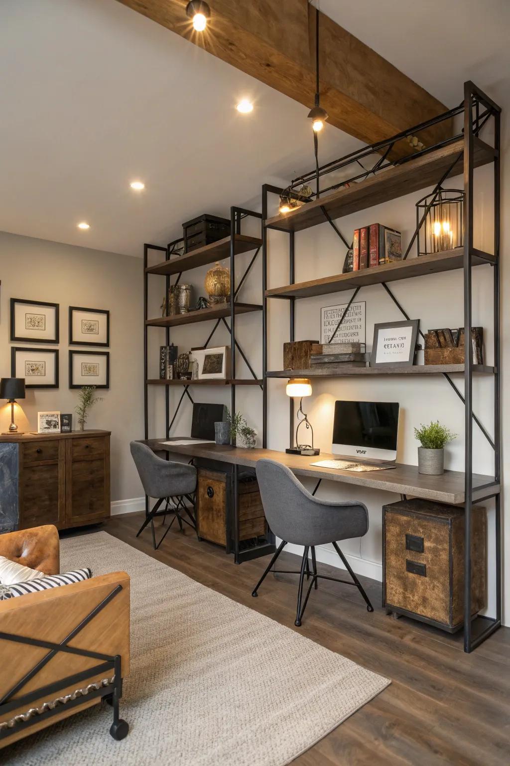 Industrial elements add a rugged edge to the workspace.