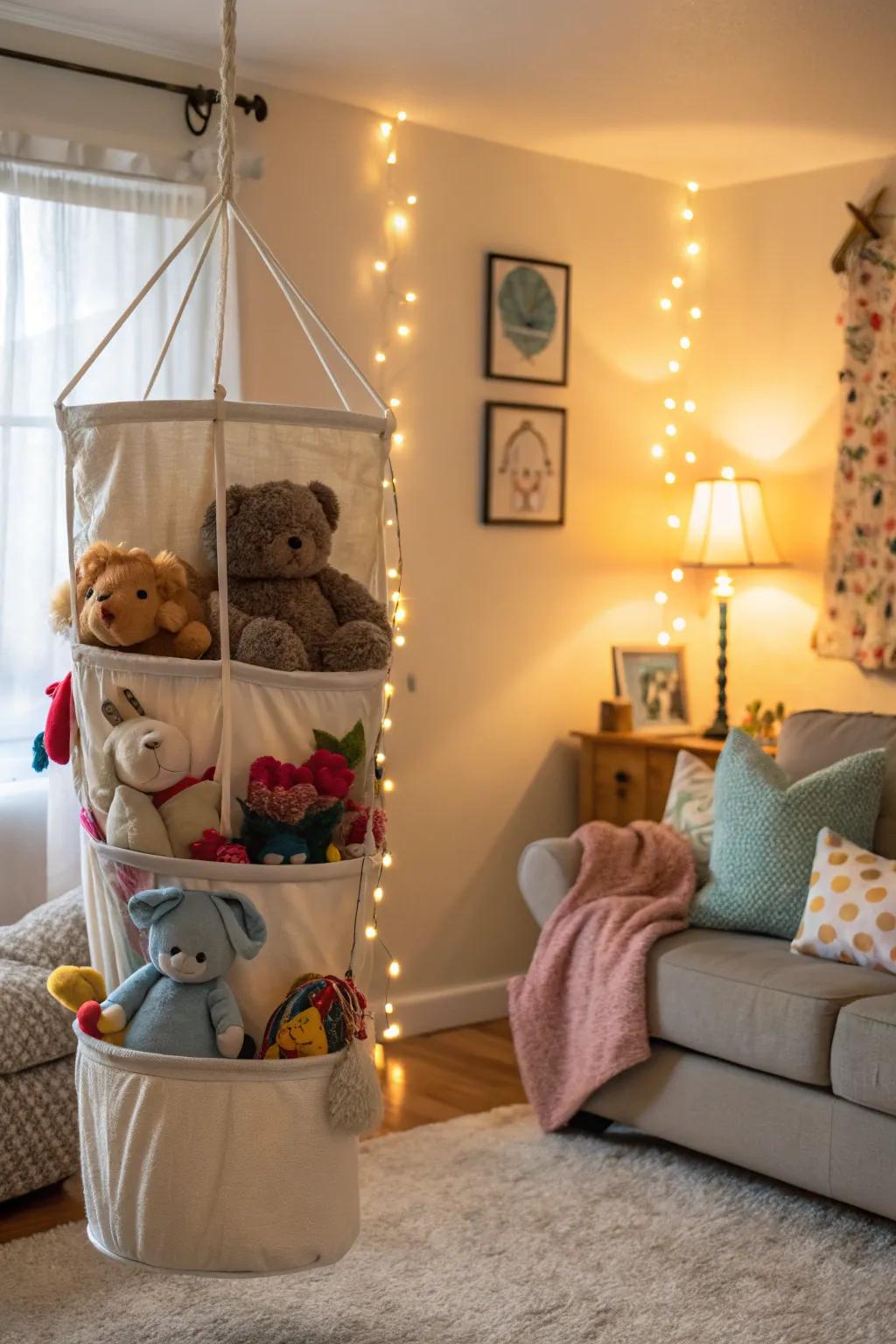 Hanging stowage solutions save space and add a playful touch.