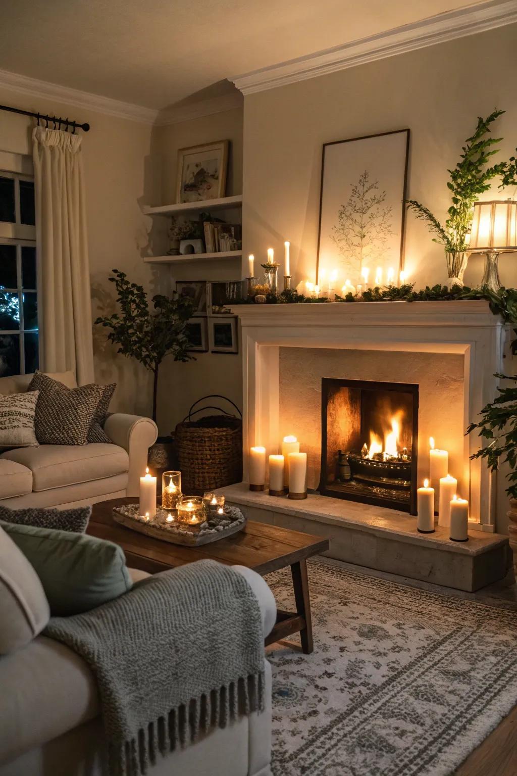 A living space where an fireside filled with lighting produces a cozy, soothing ambiance.