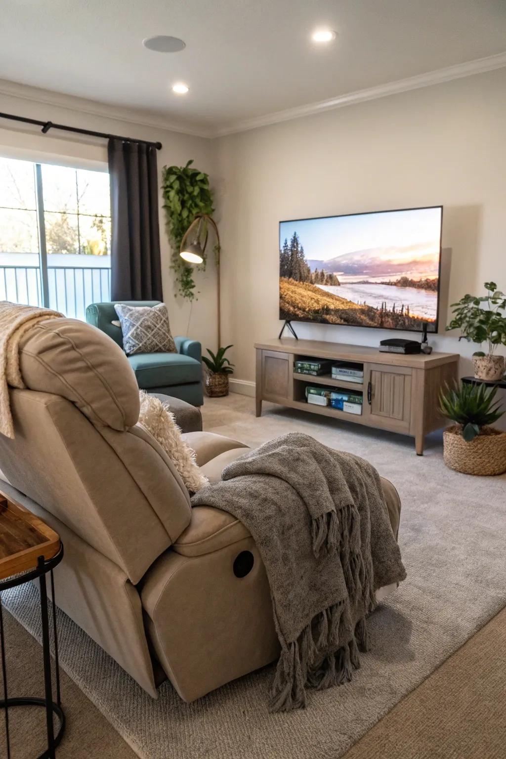 An ideal television viewing location featuring a strategically positioned recliner.