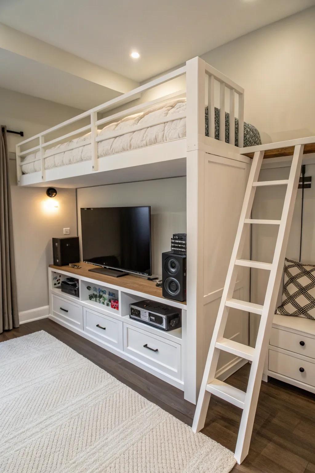 Built-in entertainment spaces under loft beds make for relaxation zones.