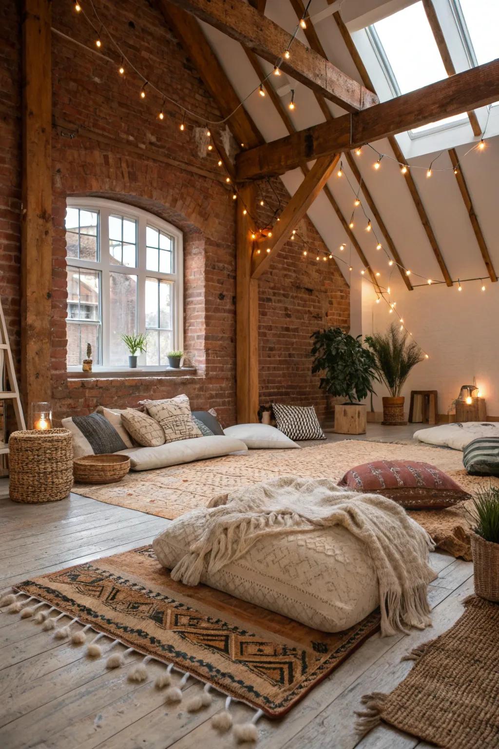 Layered materials adding warmth to the loft.