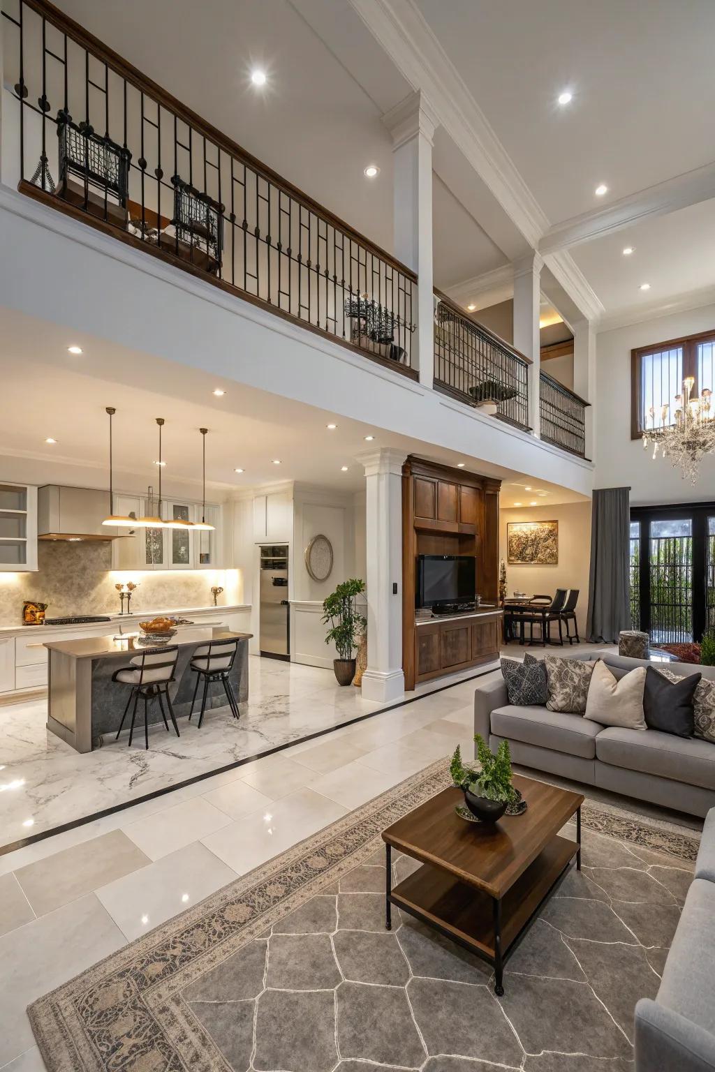 Differing floor surfaces add depth and definition.