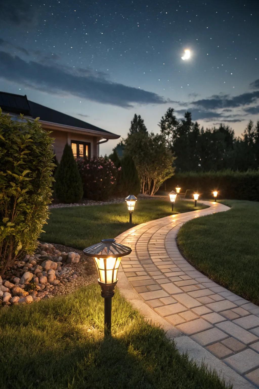 Solar lighting adds safety and ambiance to the landscape.