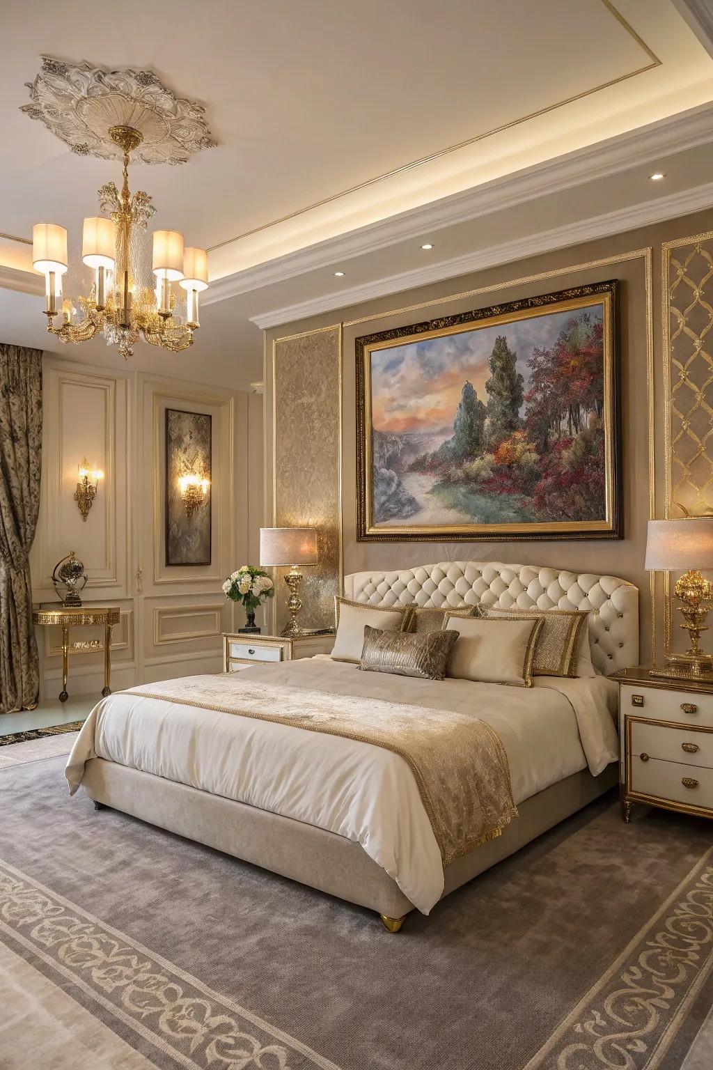 A luxurious bedroom with art that serves as a striking centerpiece.