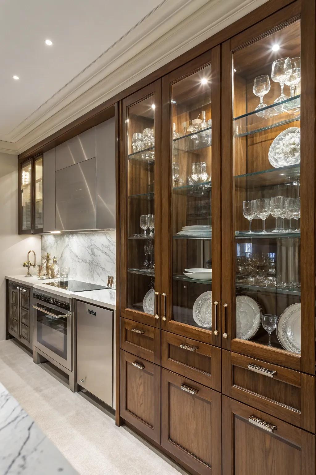 Glass cupboard facades exhibit exquisite dishware.