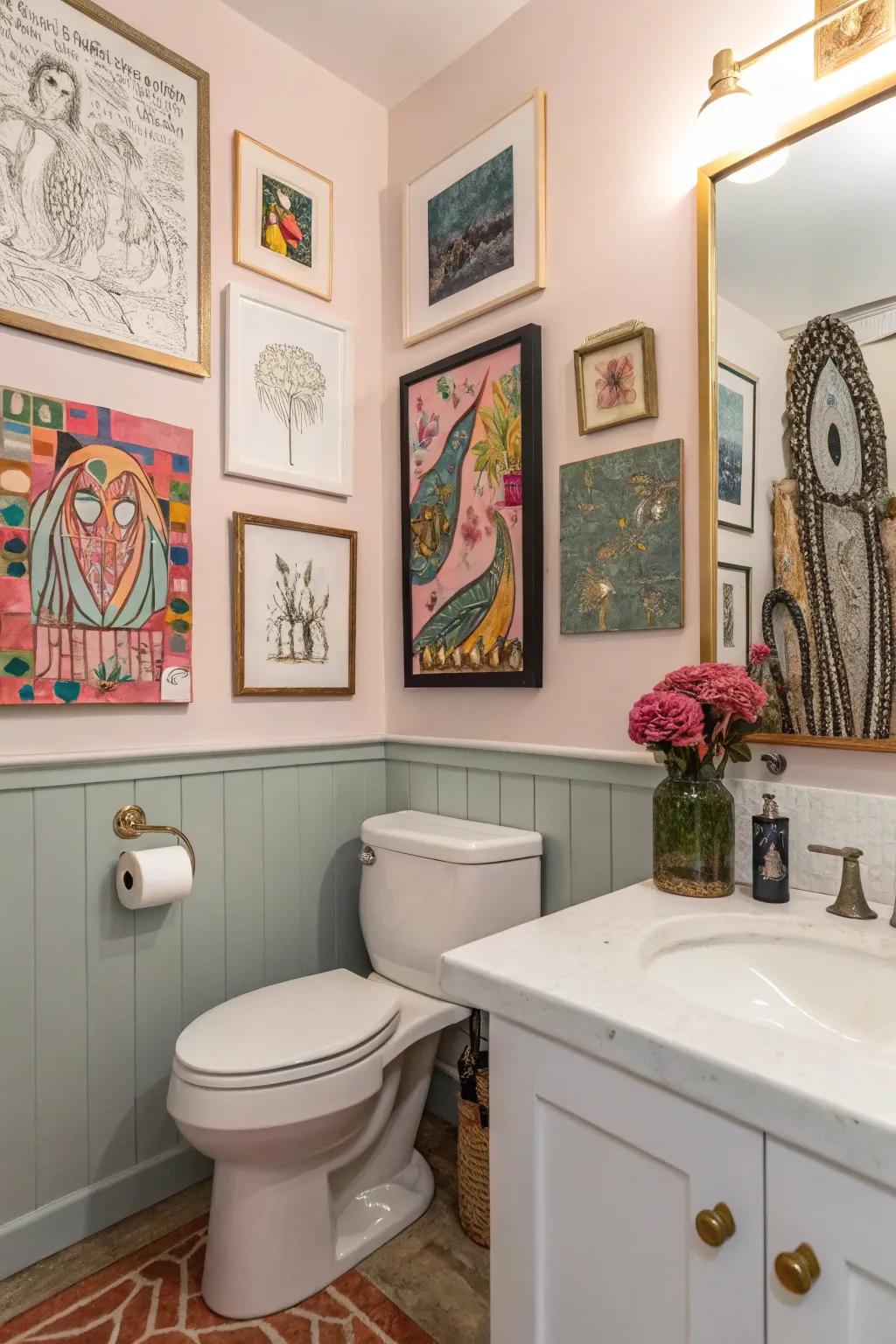 Eclectic art pieces adding personality to a bathroom.