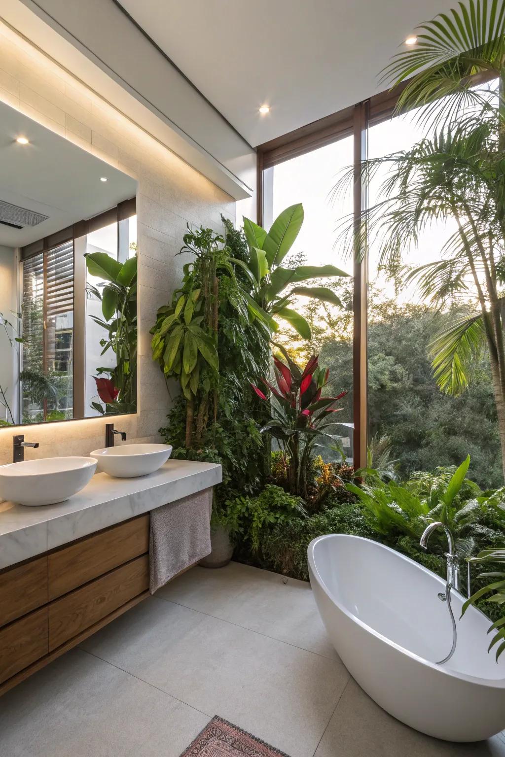 A modern bathroom featuring lush interior foliage.