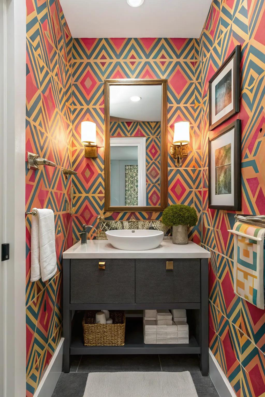 Daring wall covering designs a powerful design statement in this powder room.