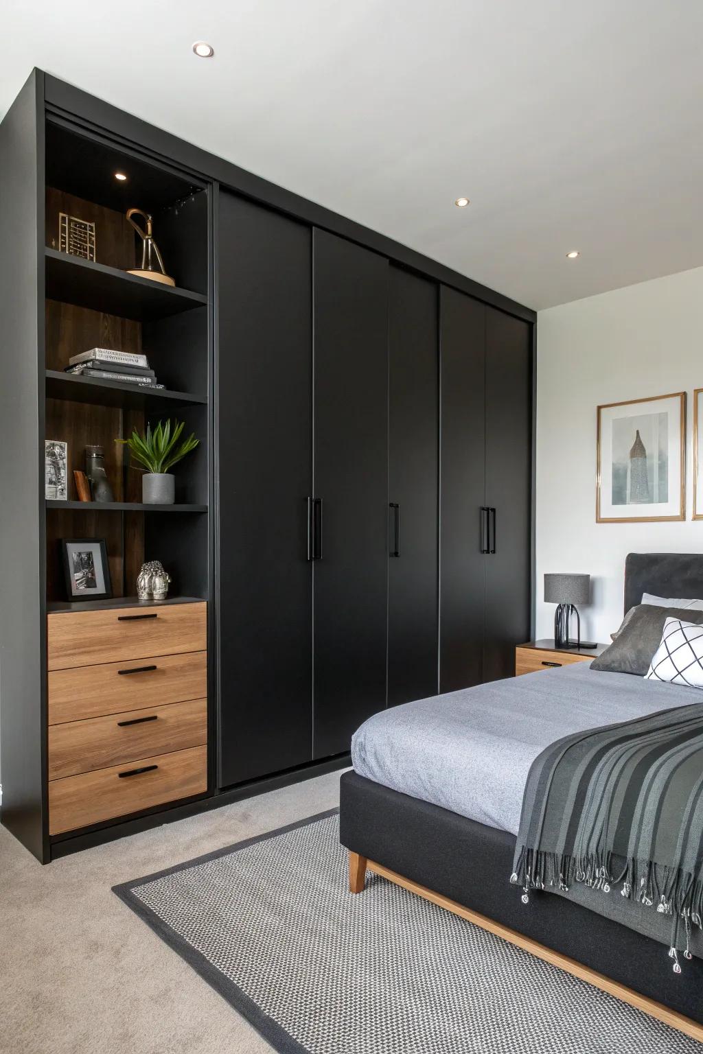 Concealed storage maintains a sleek, uncluttered look in this elegant onyx bedroom.
