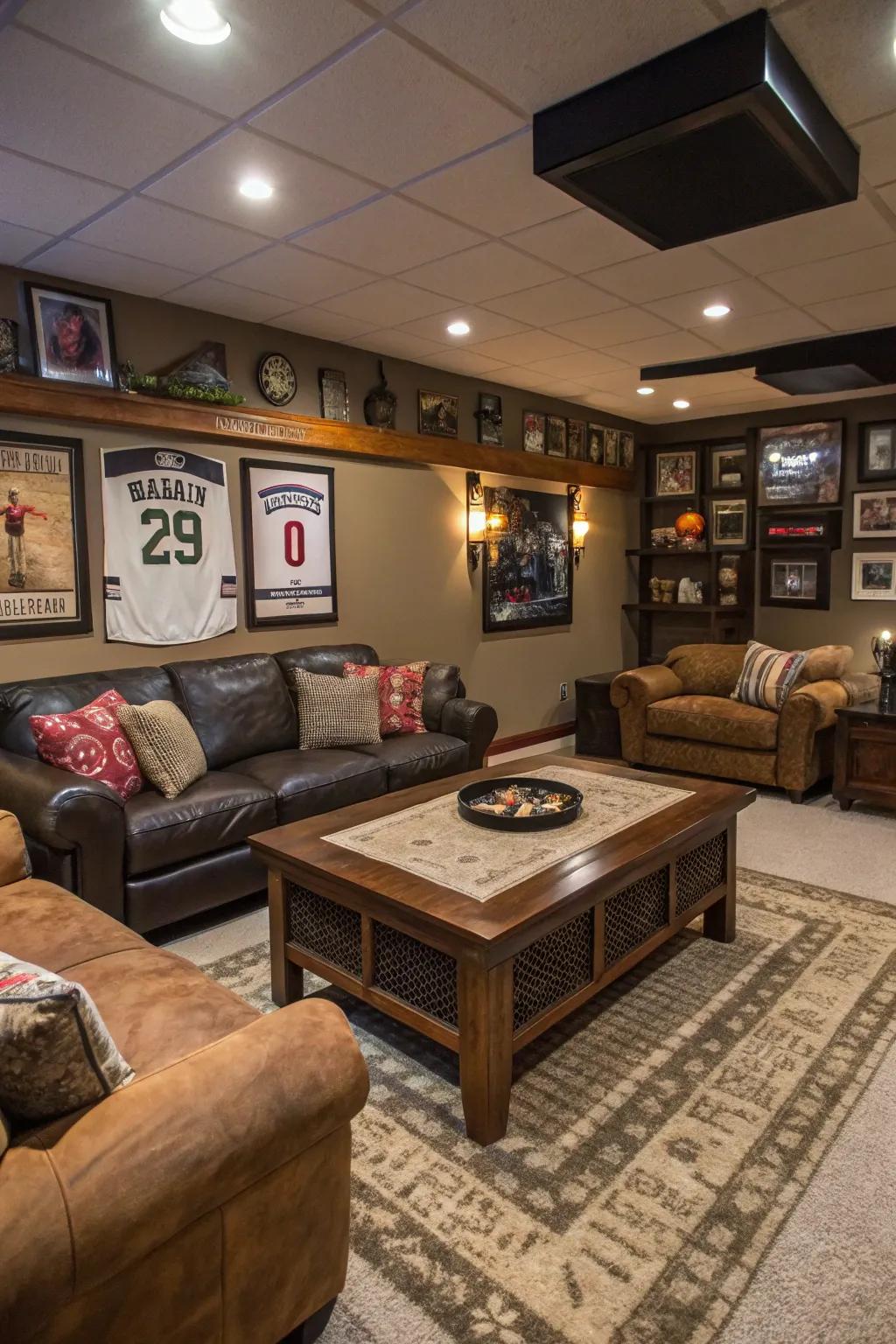 A standout coffee table is central to this man cave.