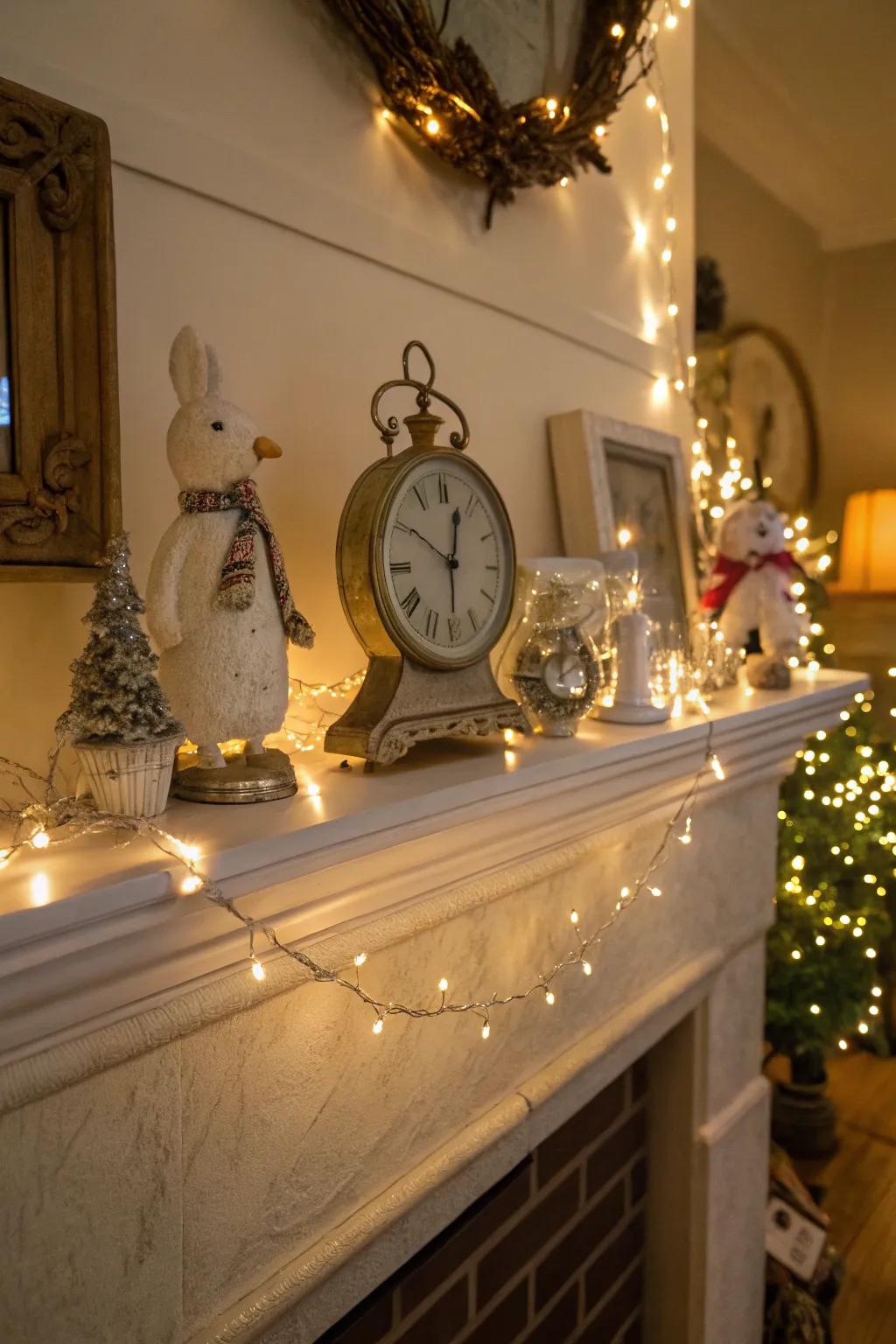 A whimsical mantel with a timepiece and playful decor elements.