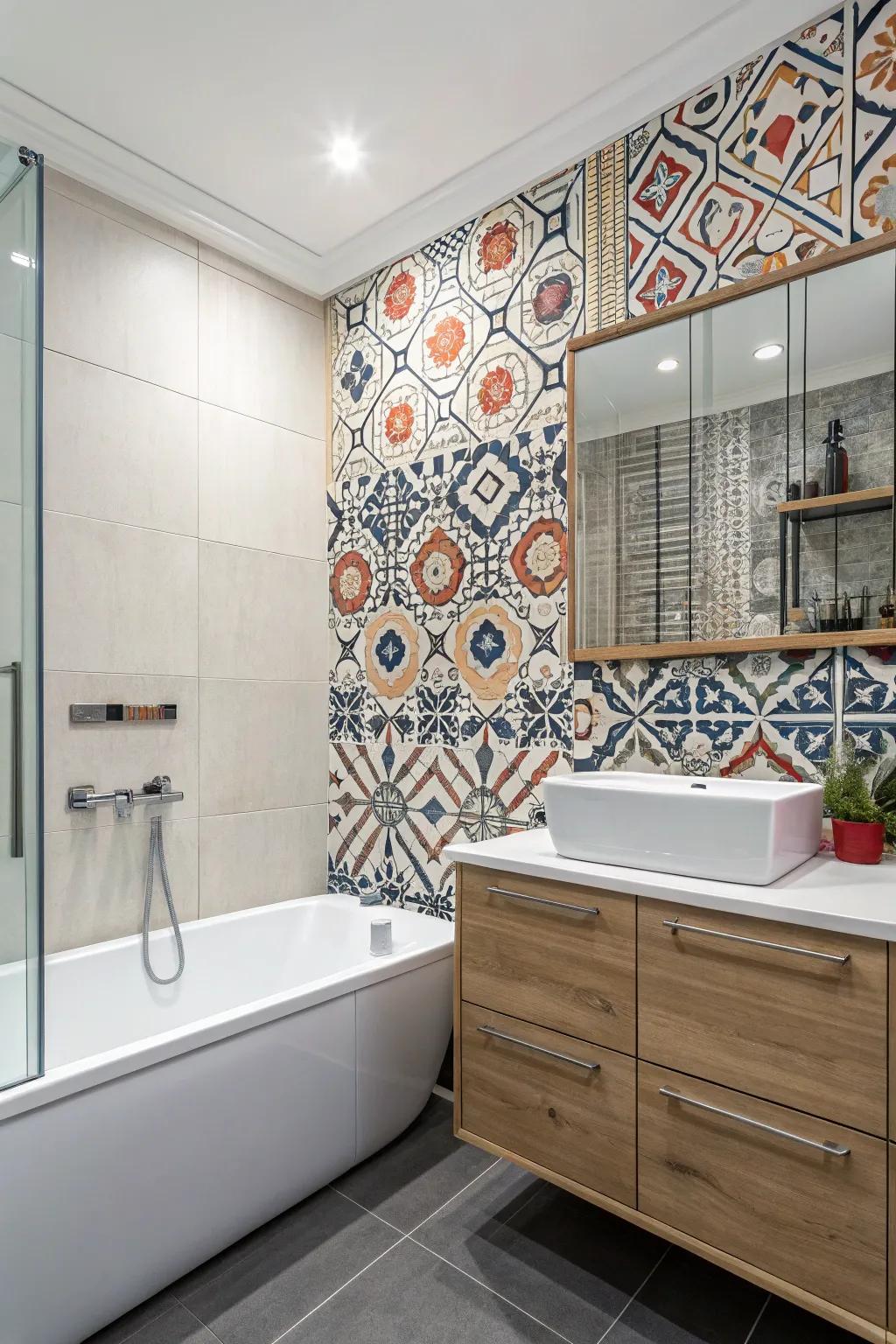 Distinguishing wall encompassing audacious tiling to impart supplemental curiosity.
