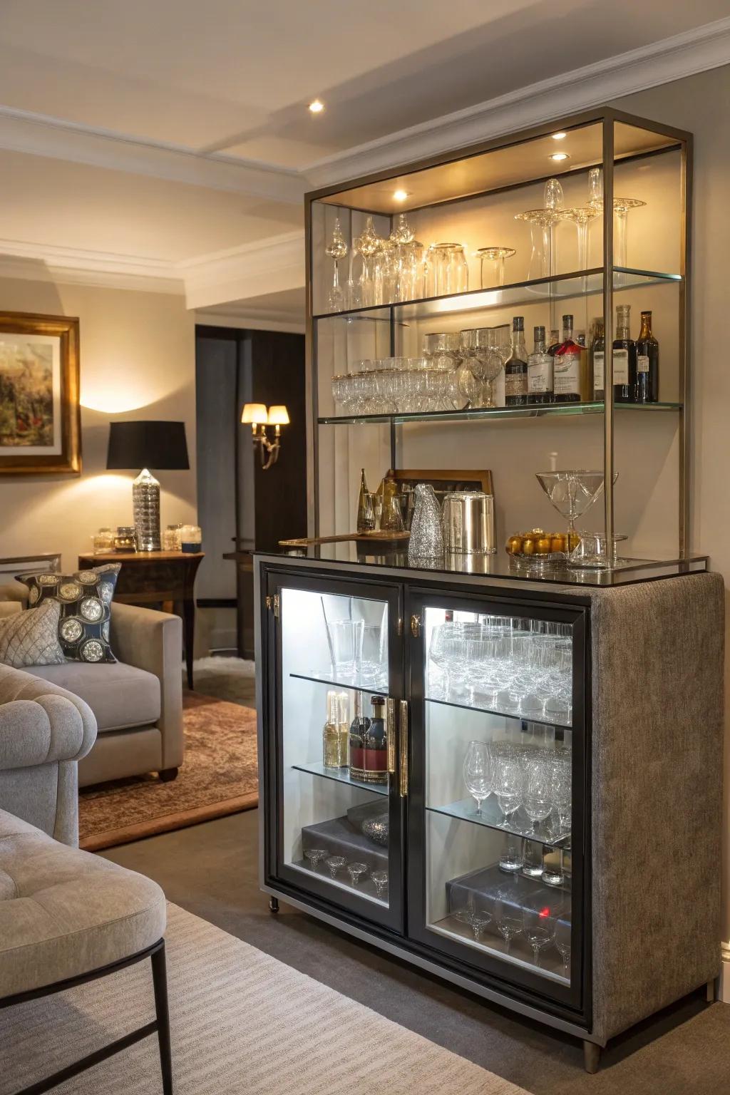A mini bar imparts a hint of beauty to the retreat.