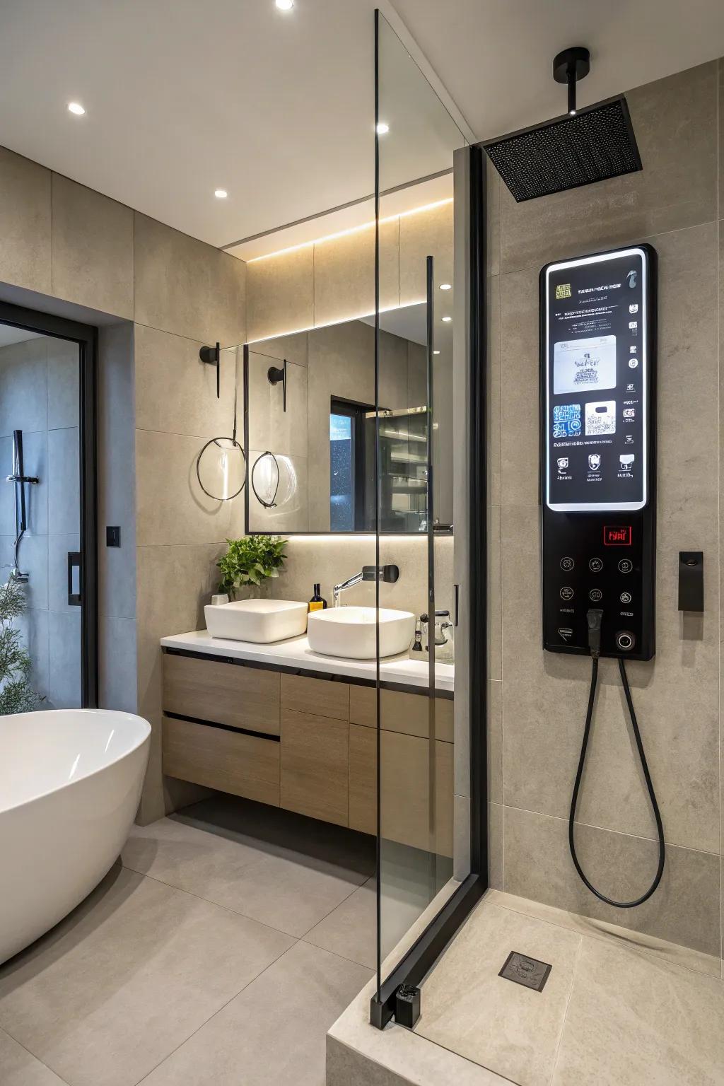 Modern bathroom featuring integrated technology that amplifies convenience.