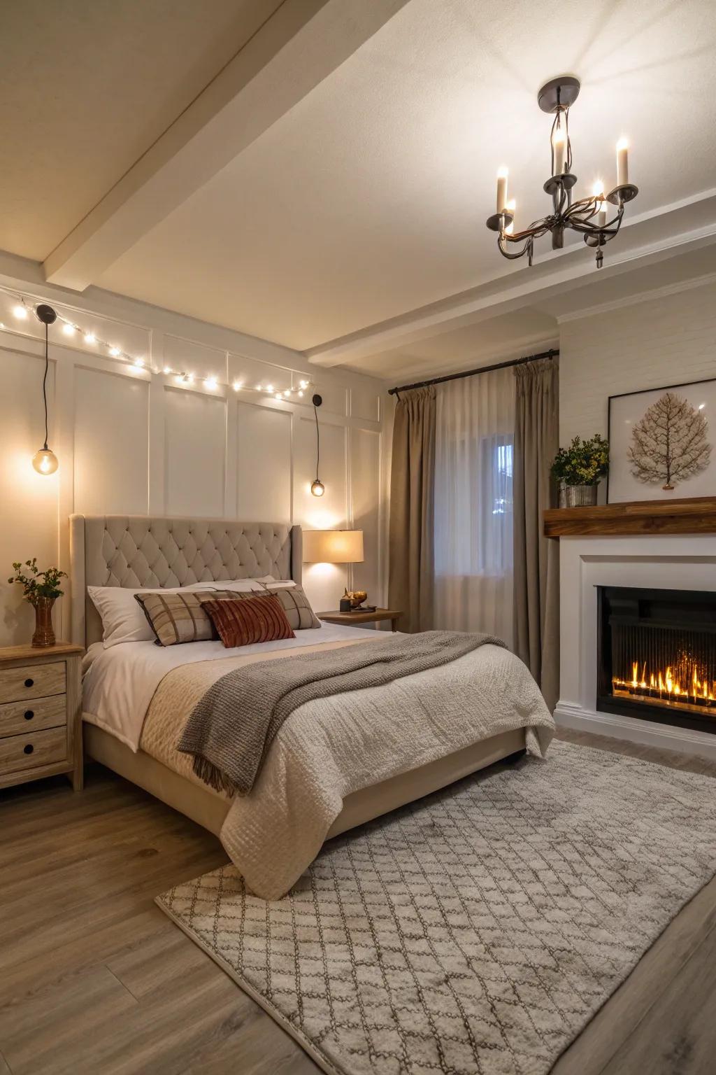 A small electric fireplace fosters coziness in smaller, intimate bedroom settings.