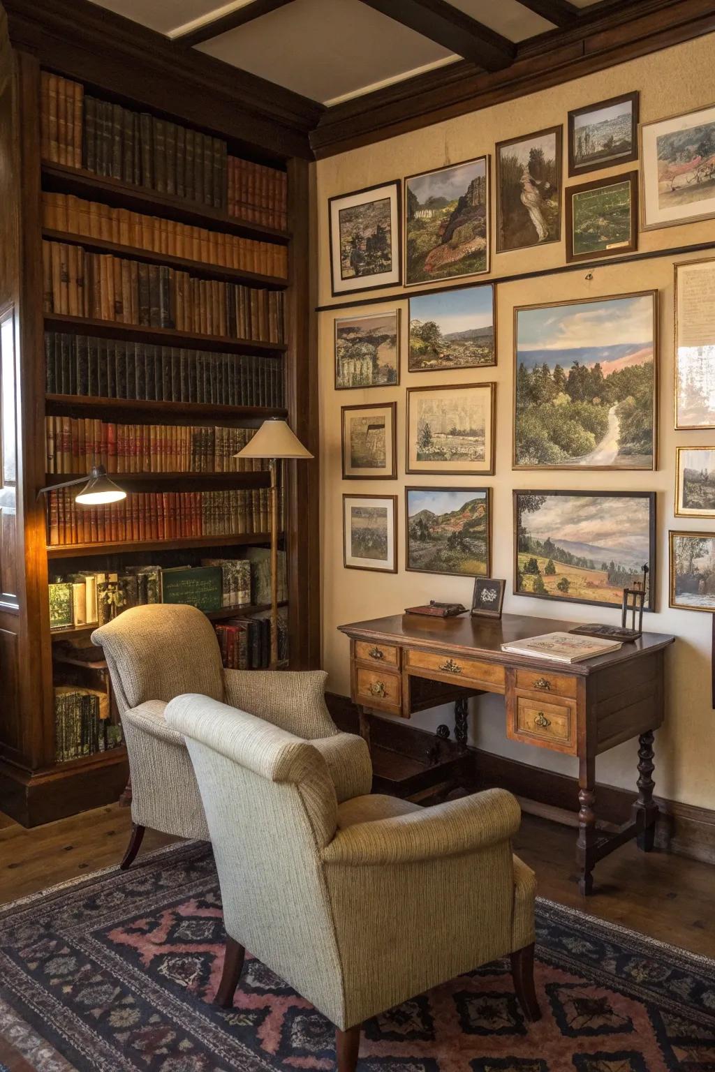 Postcards bring charm to this maximalist study.