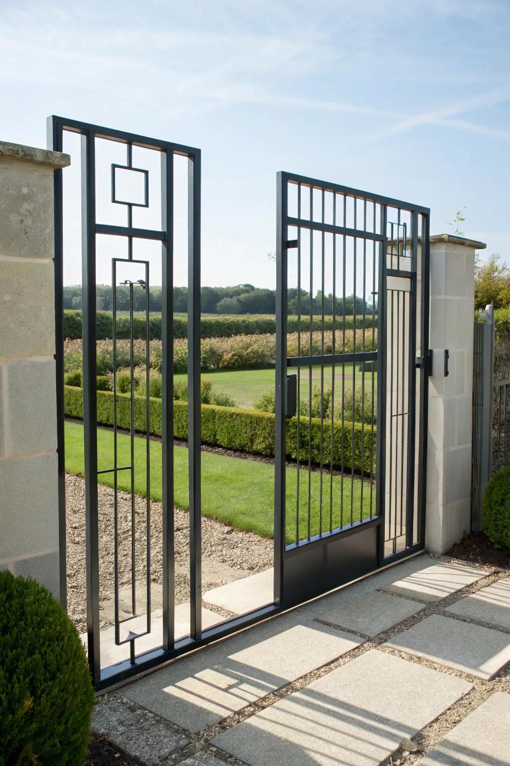 Floating panels impart a futuristic touch to garden gates.